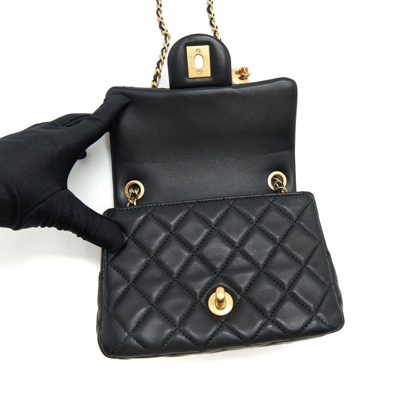 Chanel 22C Pearl Crush Mini Square Rectangular Flap Bag Black ?Microchip)