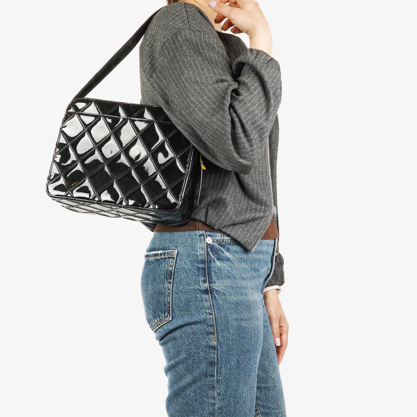 Chanel Diamond Stitch Black Quilted Patent Leather Shoulder Bag