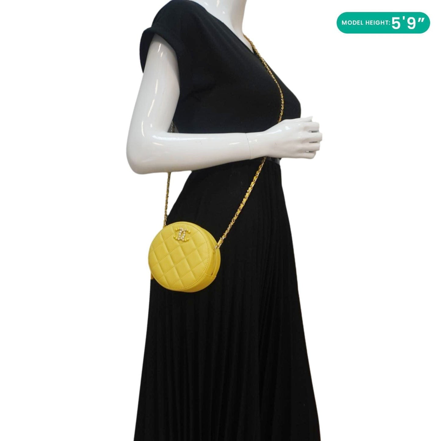 CHANEL Crystal CC Round Quilted Caviar Leather Chain Crossbody Bag Yellow