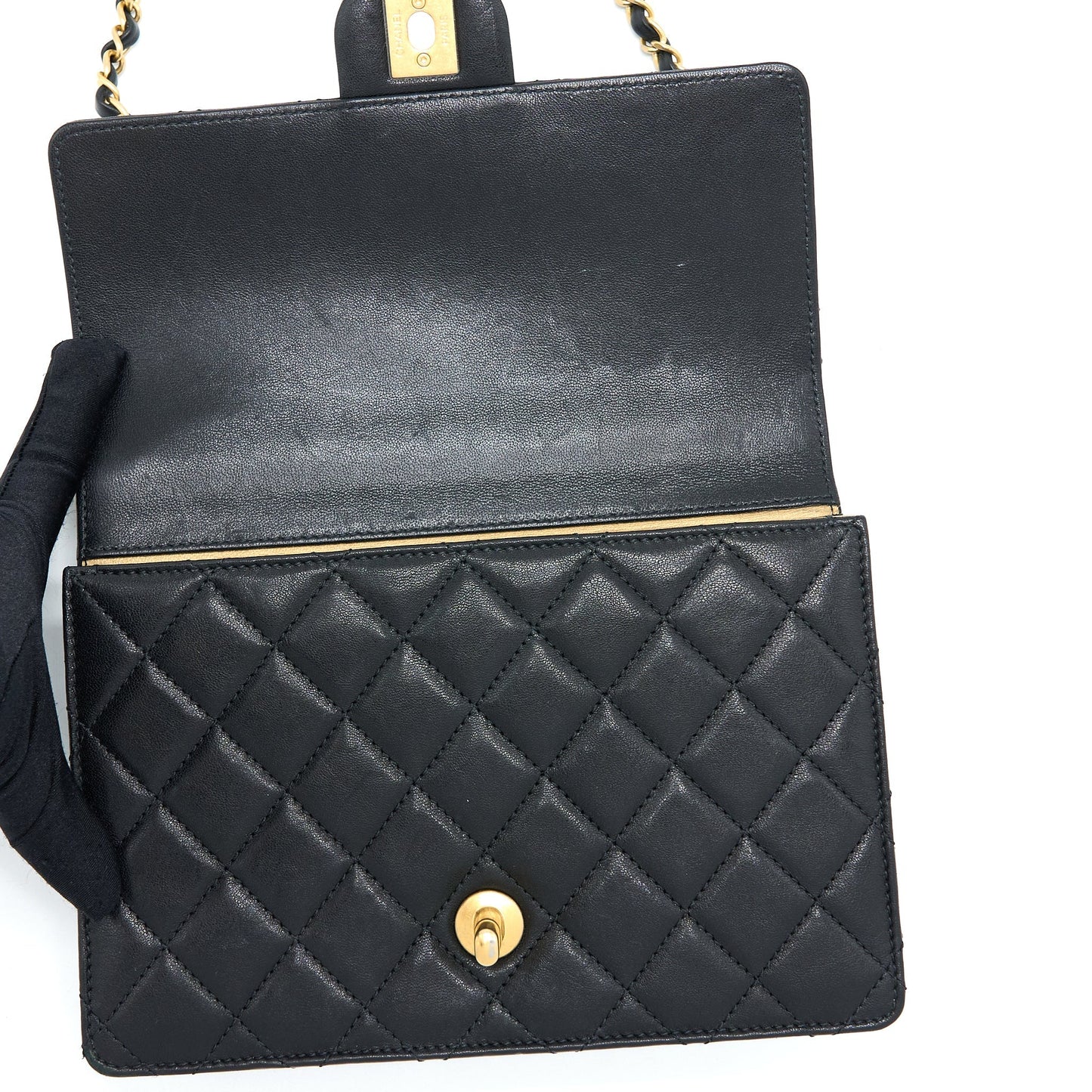 Chanel Quilted Flap Bag With Pearl Lambskin Black Brushed