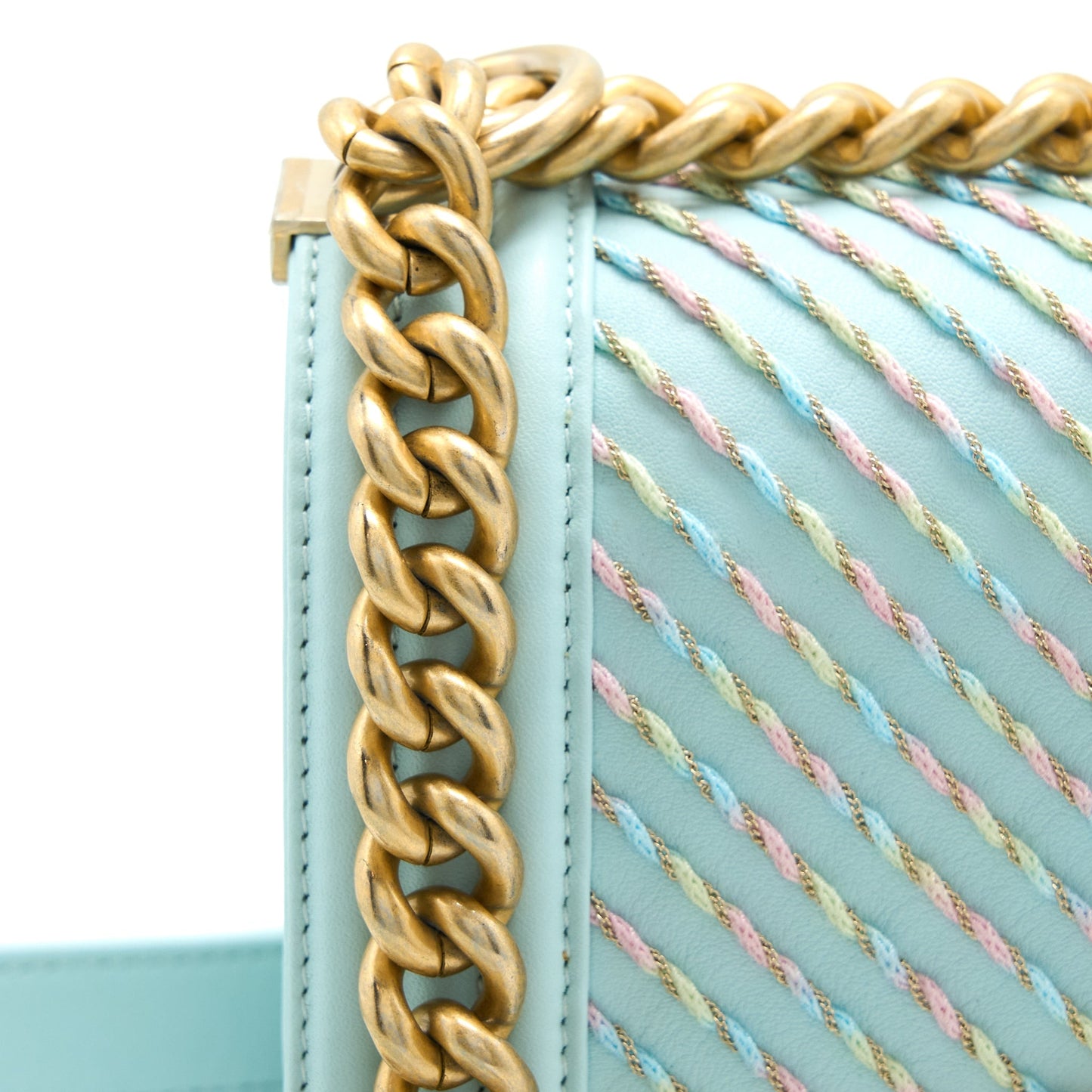 Chanel Small Boy Bag Chevron Calfskin Light Blue/Multicolour Brushed