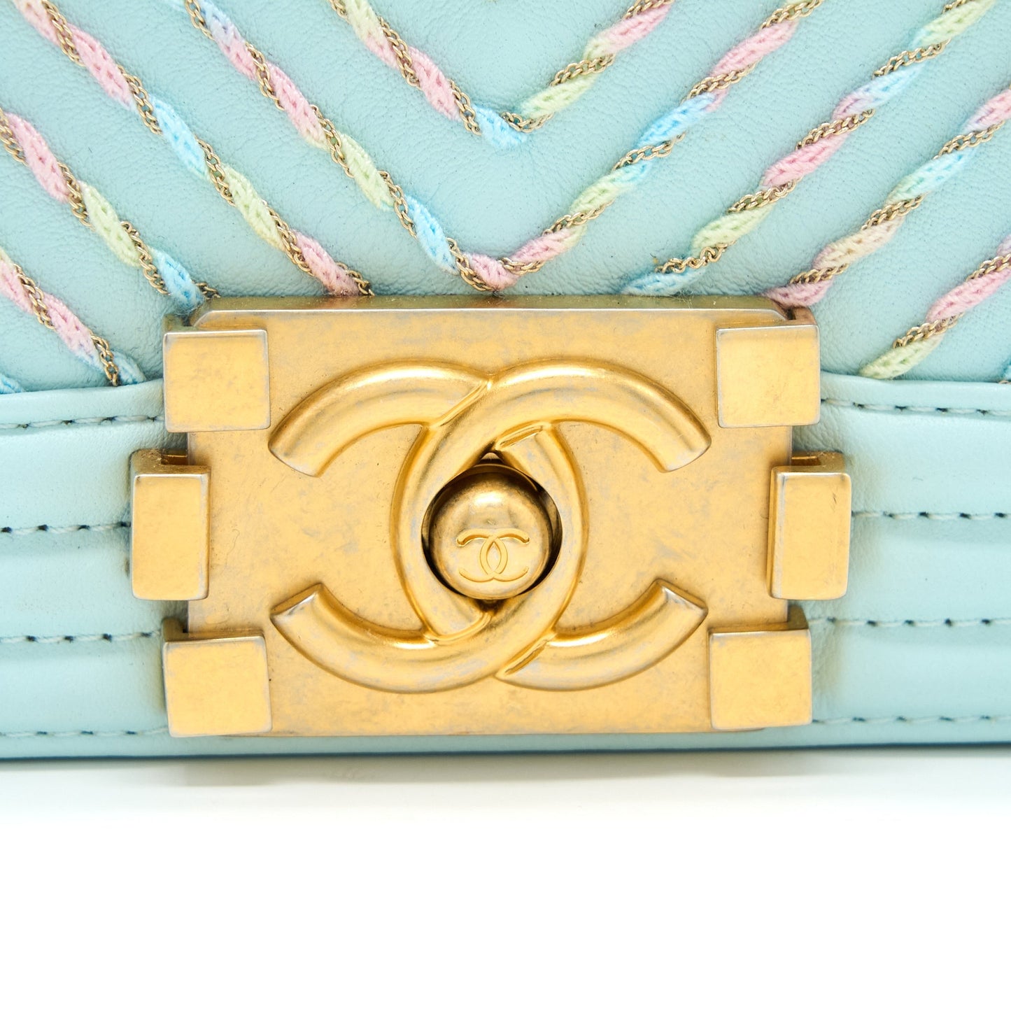 Chanel Small Boy Bag Chevron Calfskin Light Blue/Multicolour Brushed