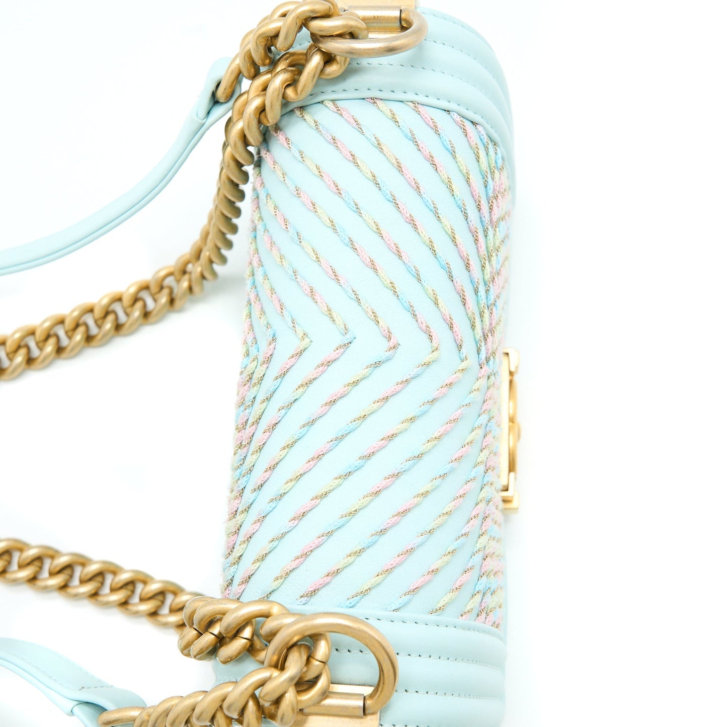 Chanel Small Boy Bag Chevron Calfskin Light Blue/Multicolour Brushed