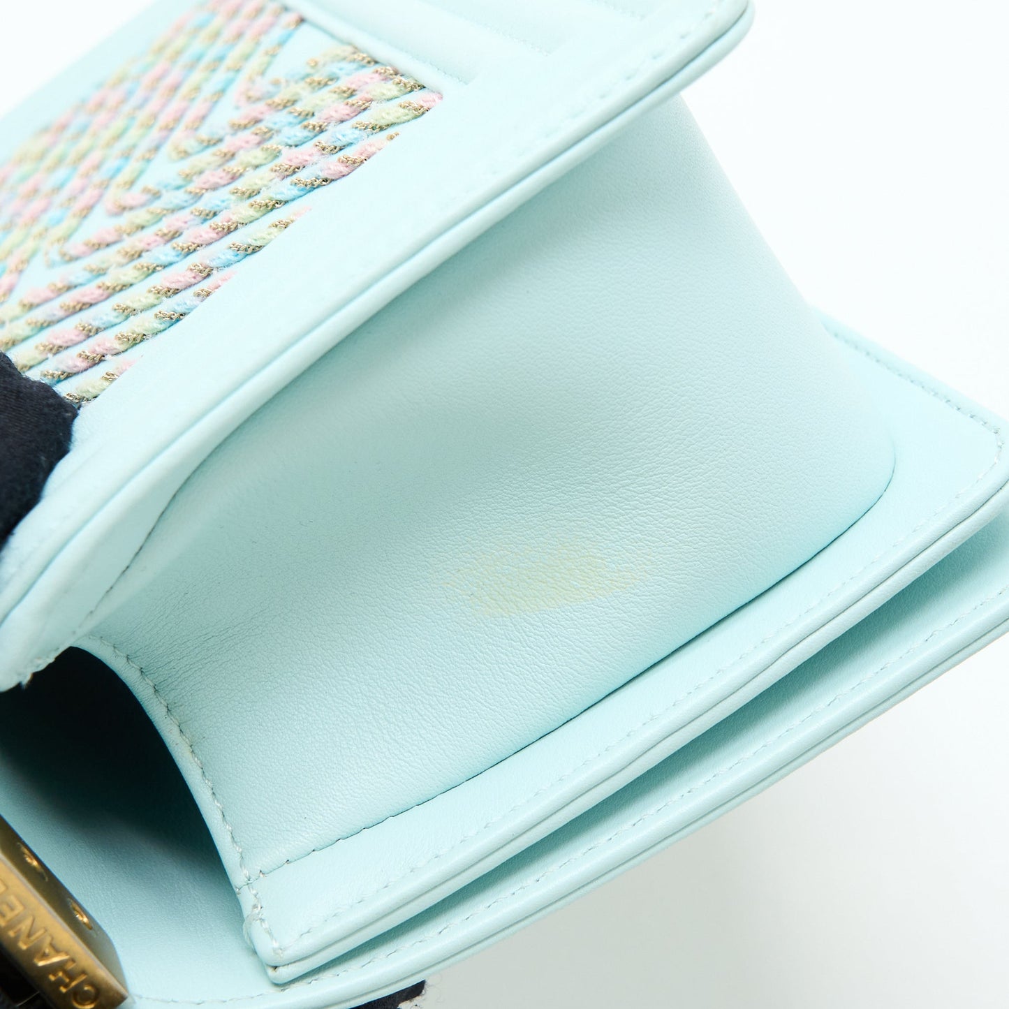 Chanel Small Boy Bag Chevron Calfskin Light Blue/Multicolour Brushed