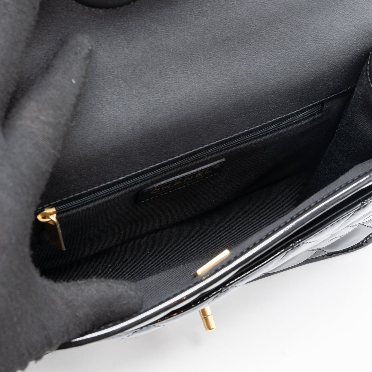 Chanel 22K Top Handle Messenger Bag Patent Leather Black Brushed  (Microchip)