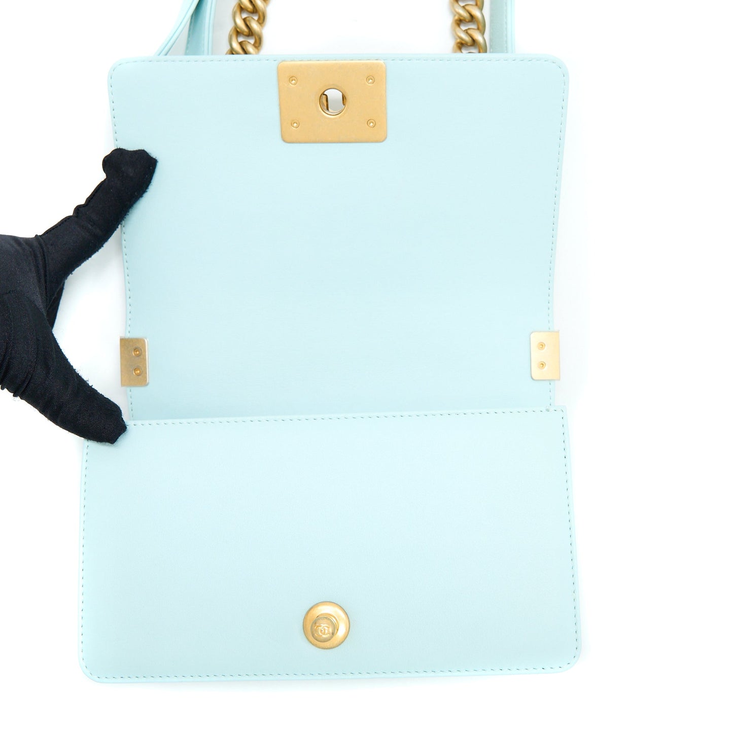 Chanel Small Boy Bag Chevron Calfskin Light Blue/Multicolour Brushed