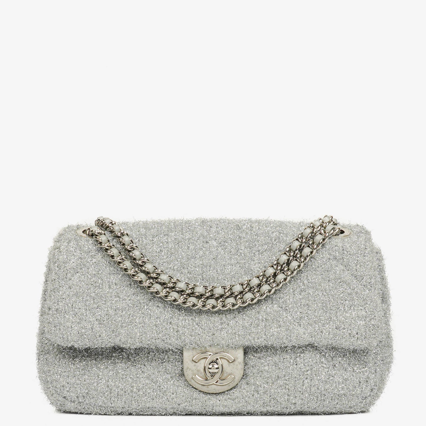 Chanel Silver Quilted Knit Pluto Glitter Medium Flap Bag