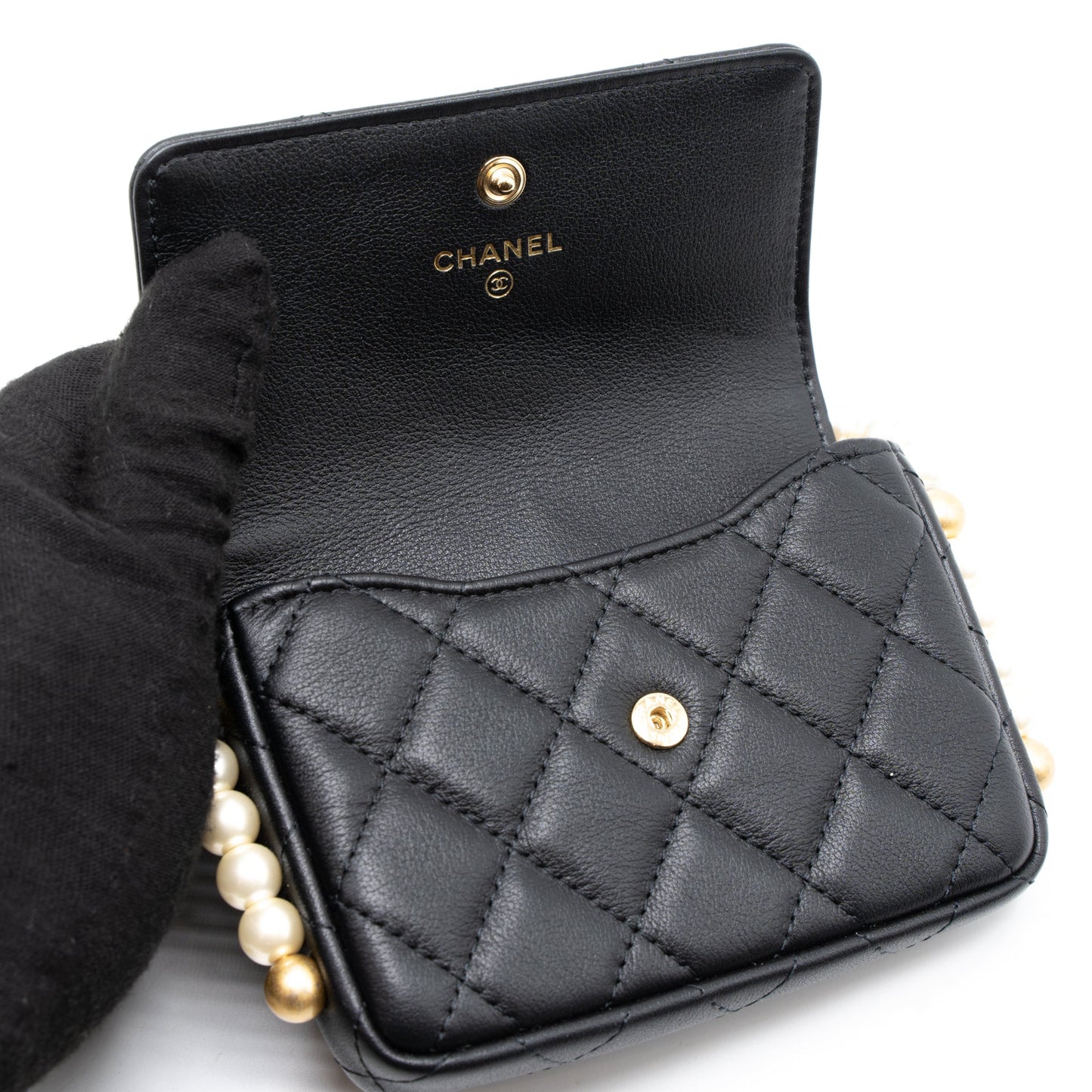 Chanel Pearl Chain Mini Flap Bag Lambskin Black Brushed