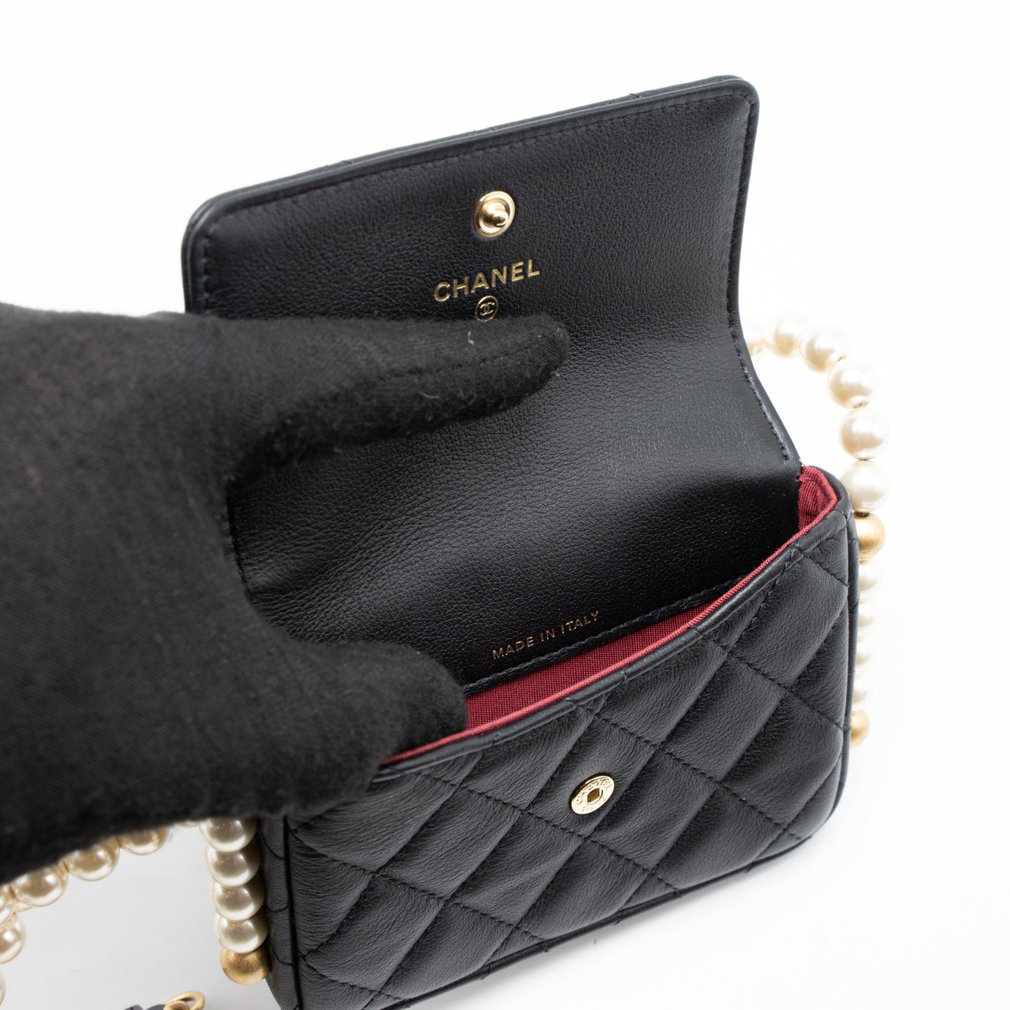 Chanel Pearl Chain Mini Flap Bag Lambskin Black Brushed