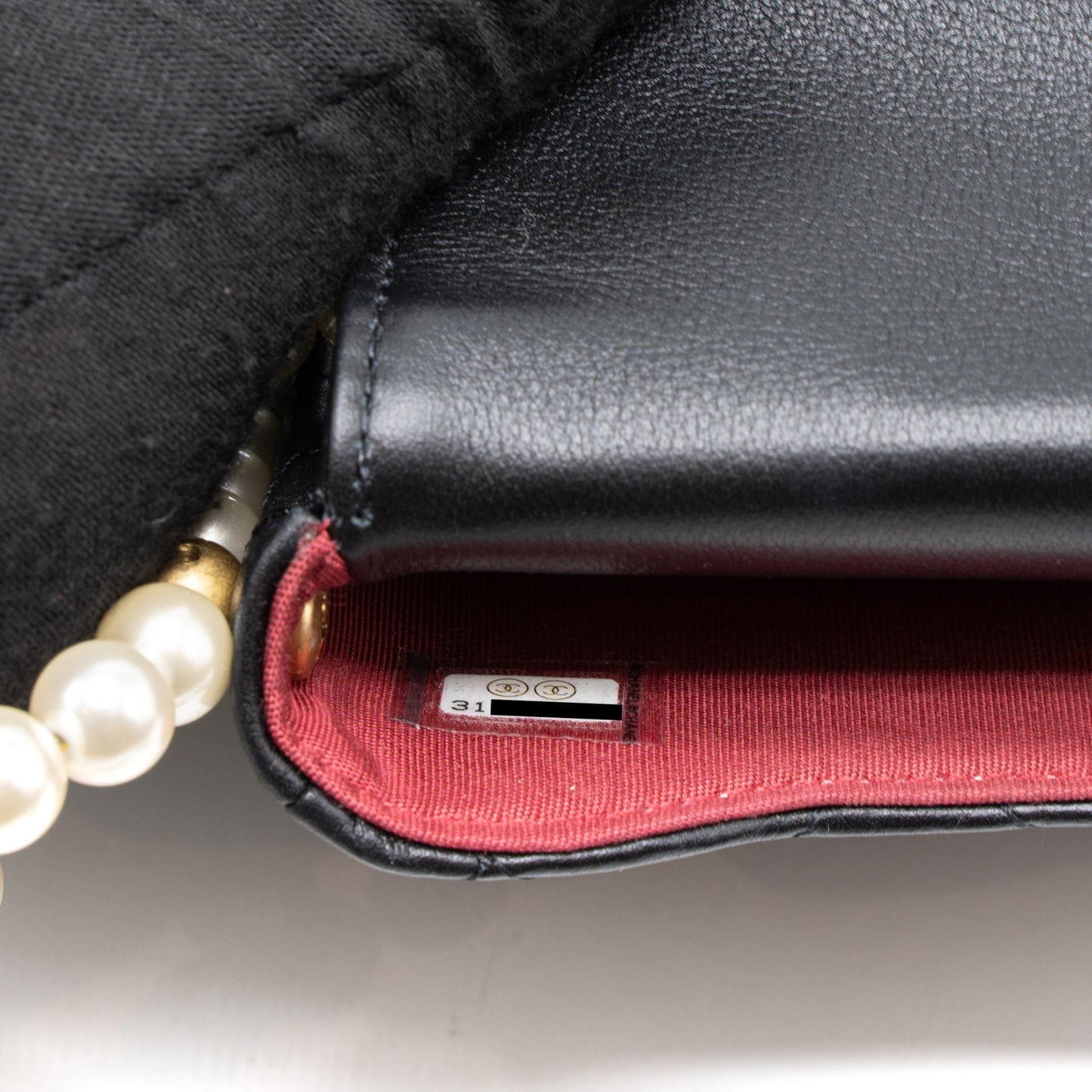 Chanel Pearl Chain Mini Flap Bag Lambskin Black Brushed