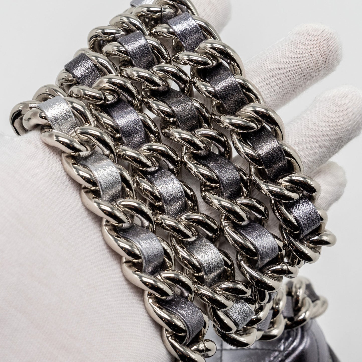 Chanel 22c coco punk purse with giant chain lambskin metallic silver/black