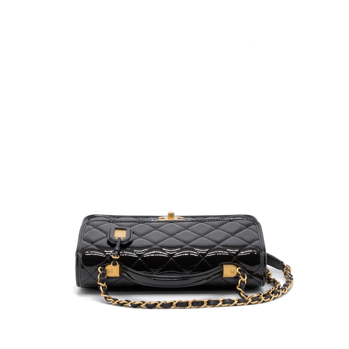 Chanel 22K Top Handle Messenger Bag Patent Leather Black Brushed  (Microchip)