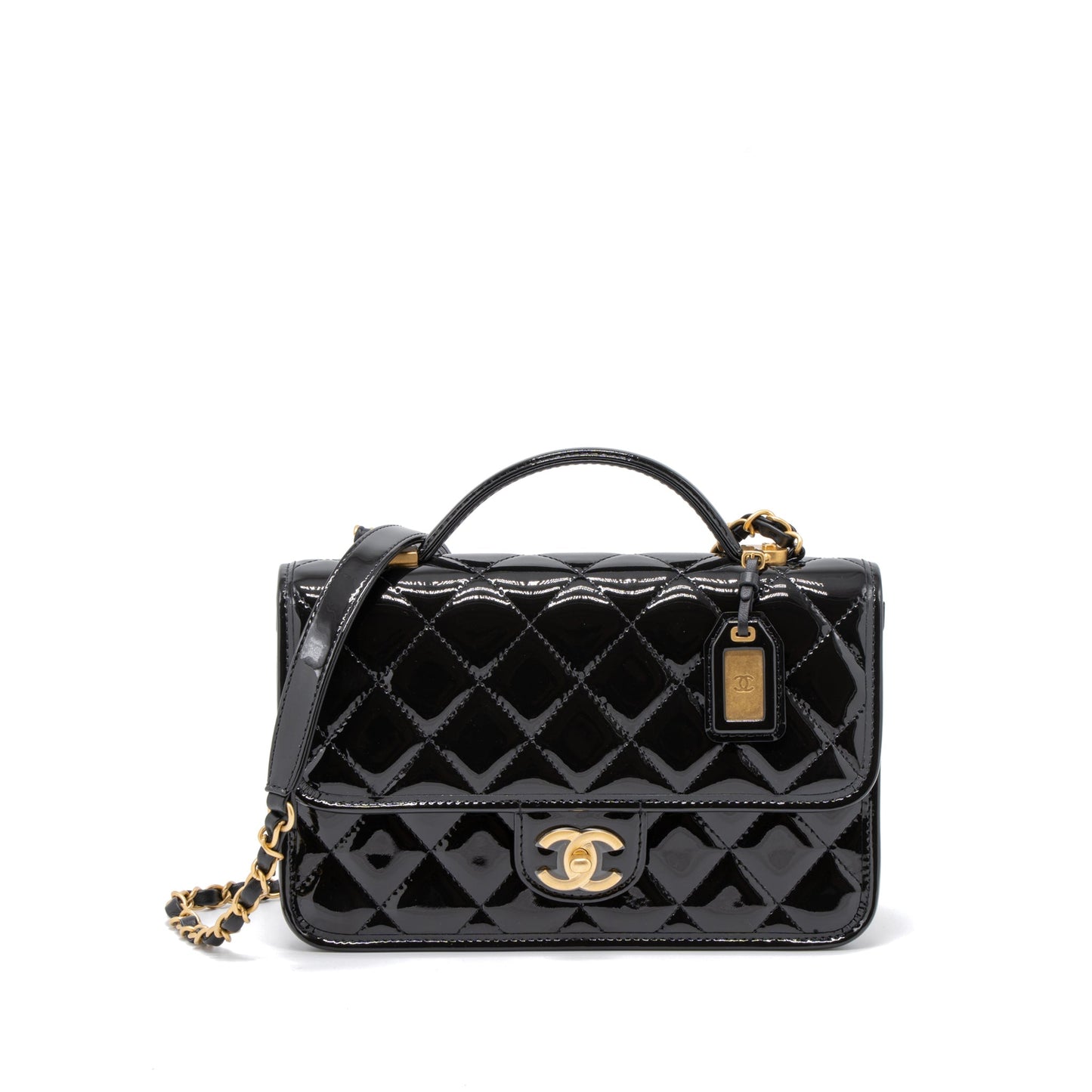Chanel 22K Top Handle Messenger Bag Patent Leather Black Brushed  (Microchip)
