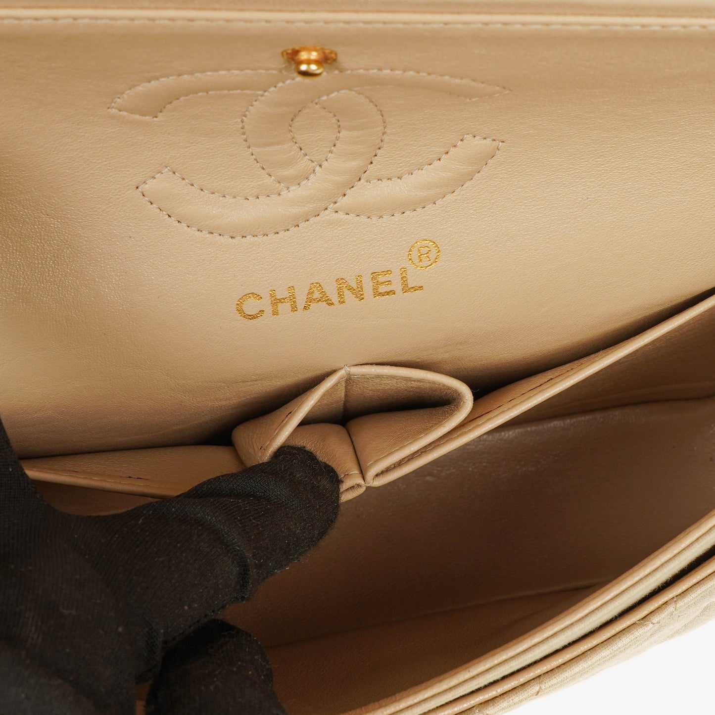 Chanel Small Classic  Double Flap Bag Beige Satin 24K Gold-Plated Hardware