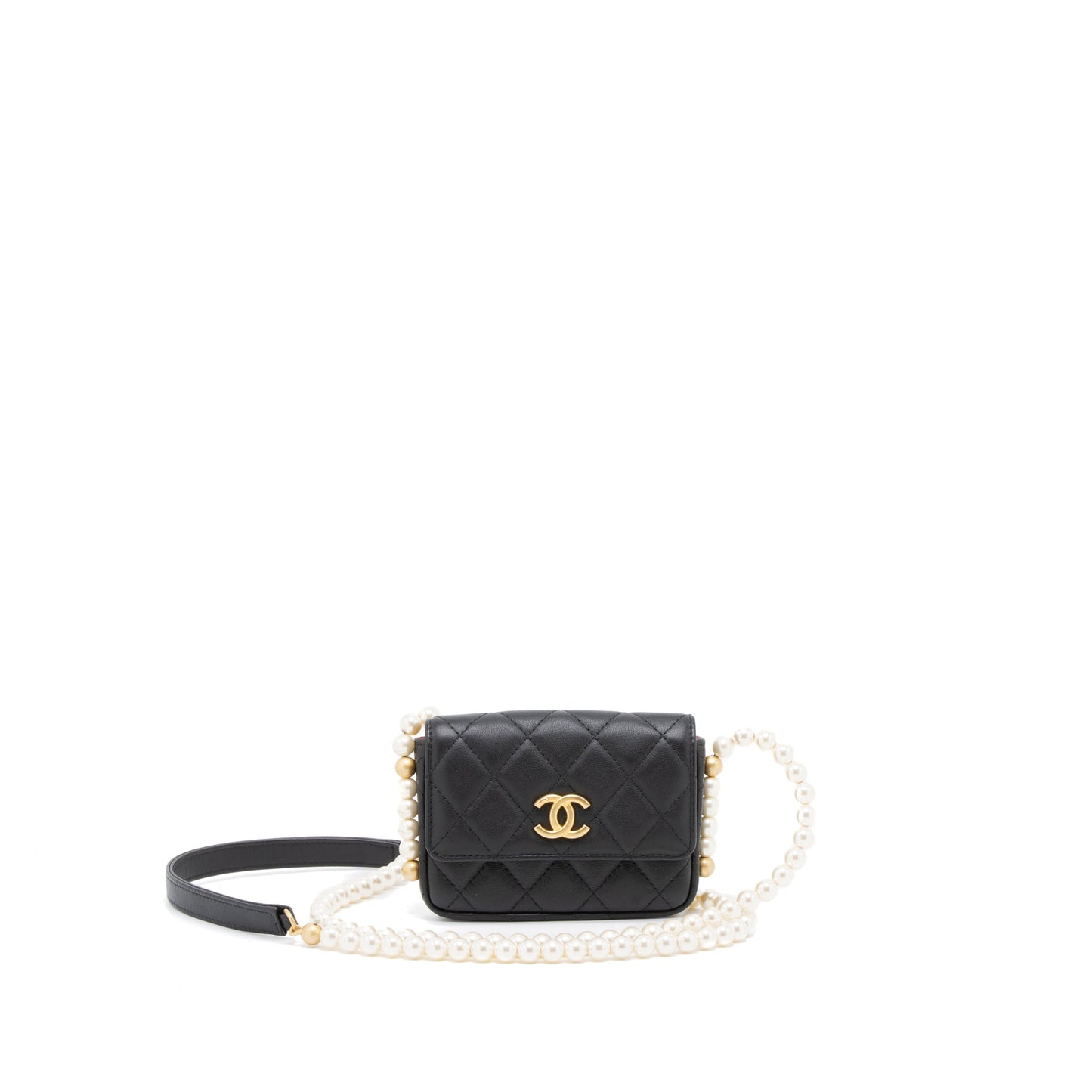 Chanel Pearl Chain Mini Flap Bag Lambskin Black Brushed