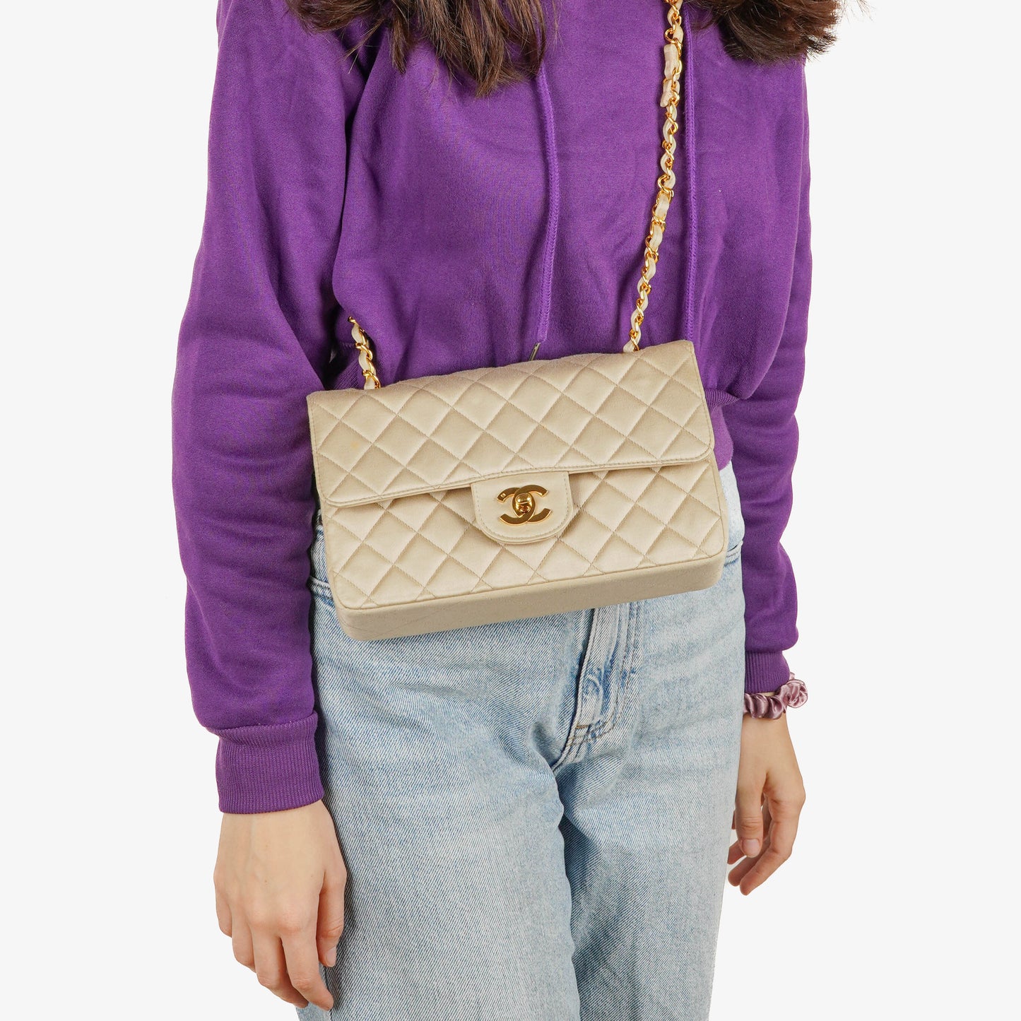 Chanel Small Classic  Double Flap Bag Beige Satin 24K Gold-Plated Hardware