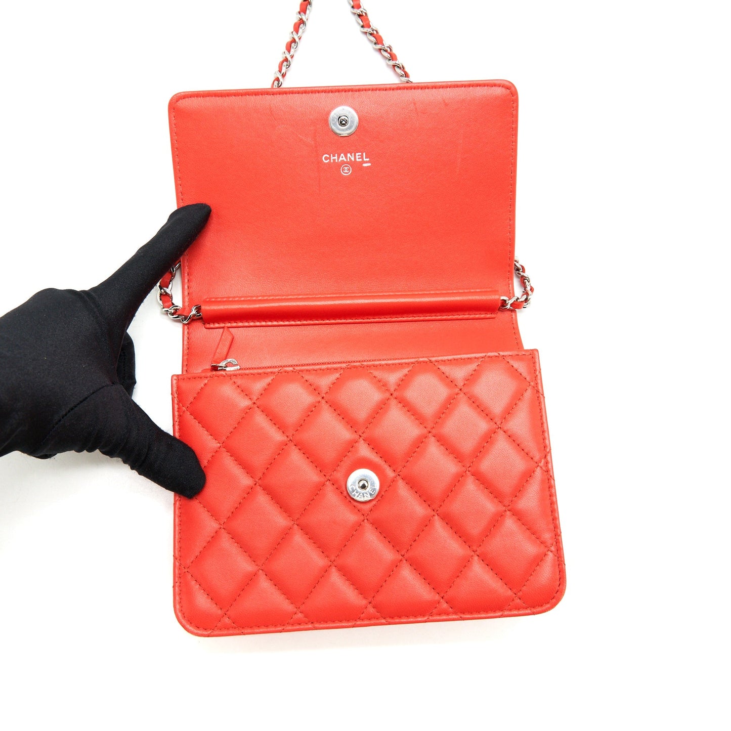 Chanel Square Wallet On Chain Coral Red Lambskin