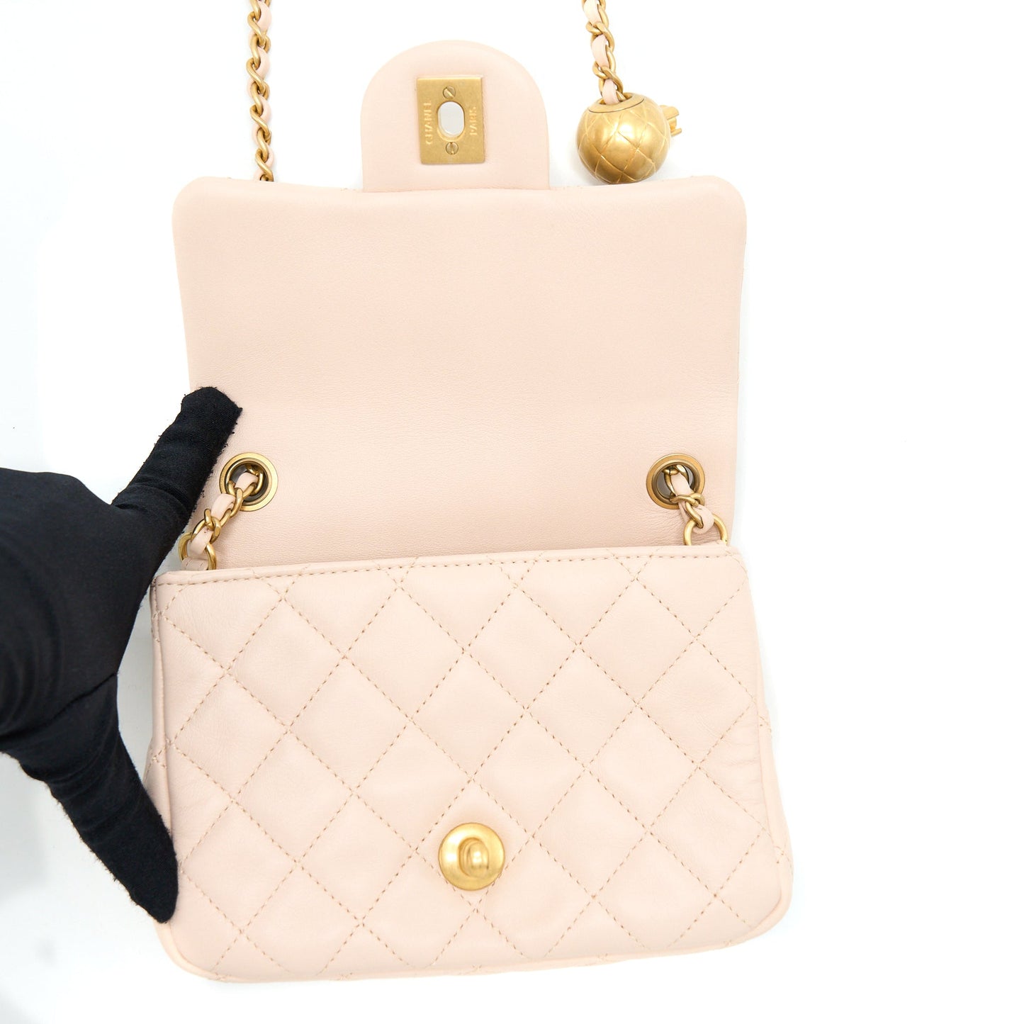 Chanel 22C Pearl Crush Mini Square Flap Bag Lambskin Light Beige