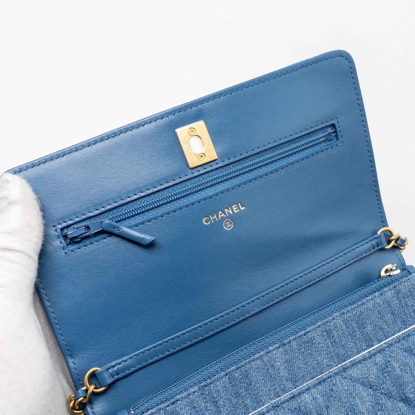 Chanel Pearl Crush Wallet on Chain Denim Blue  (Microchip)