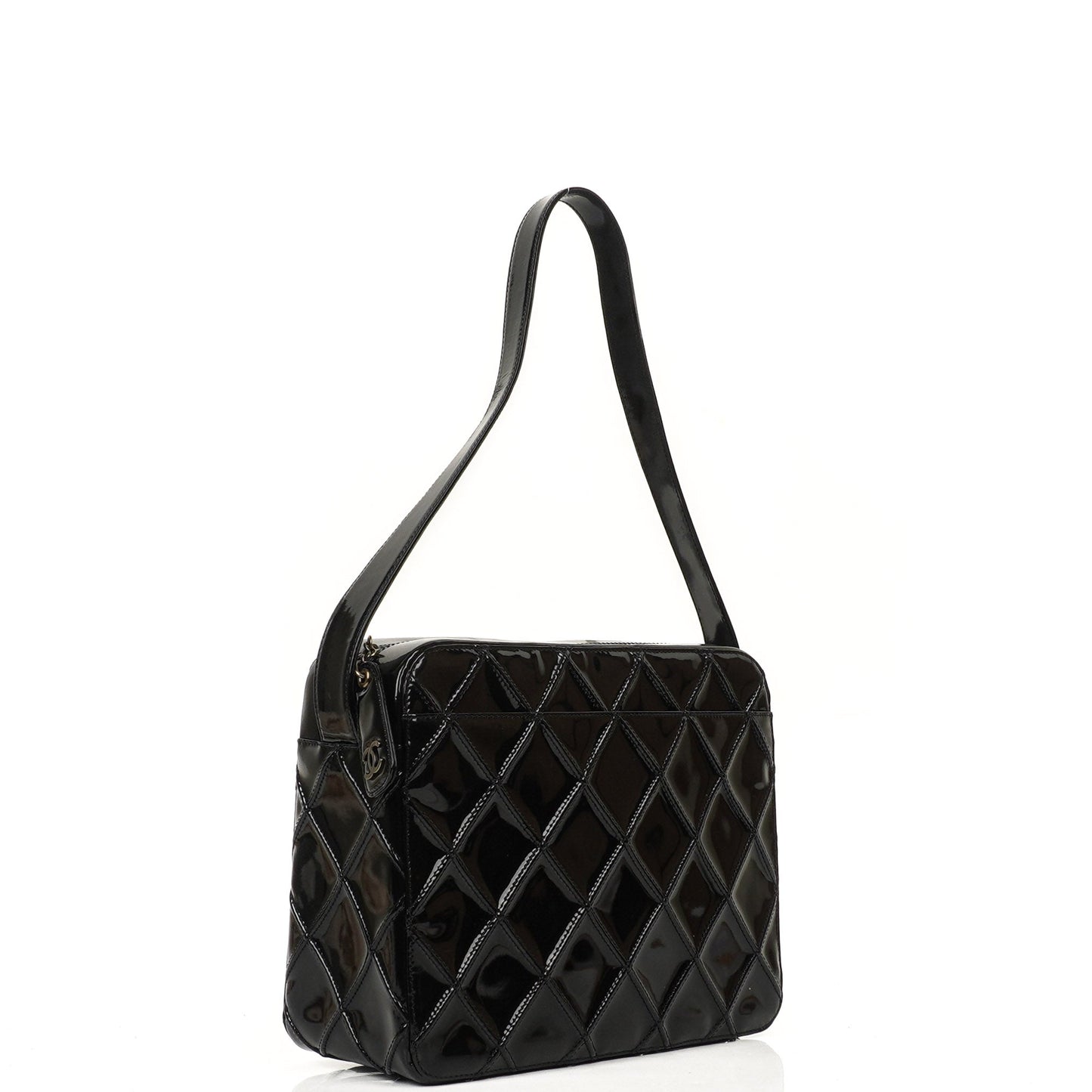 Chanel Diamond Stitch Black Quilted Patent Leather Shoulder Bag