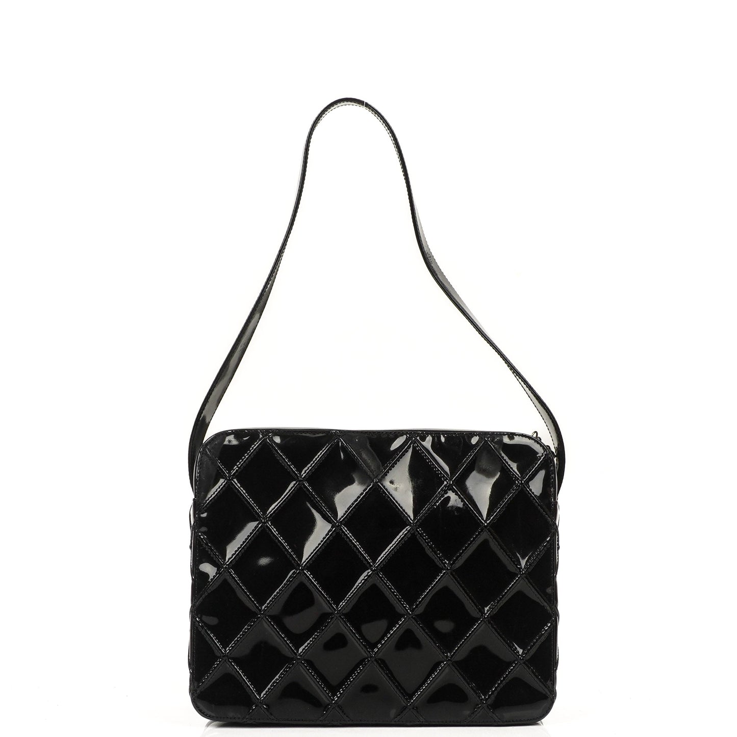 Chanel Diamond Stitch Black Quilted Patent Leather Shoulder Bag