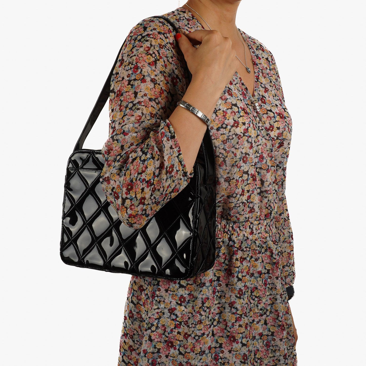 Chanel Diamond Stitch Black Quilted Patent Leather Shoulder Bag