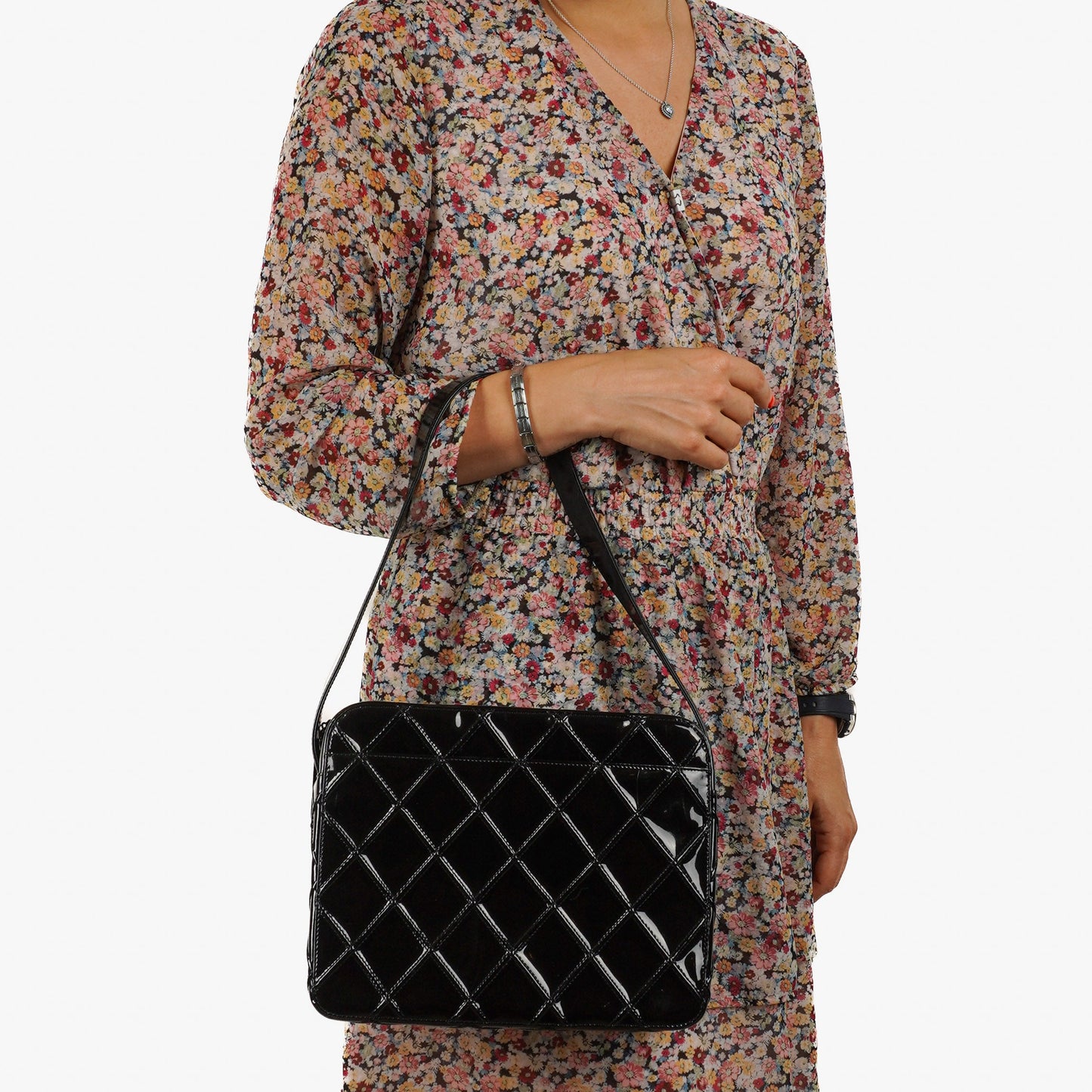 Chanel Diamond Stitch Black Quilted Patent Leather Shoulder Bag