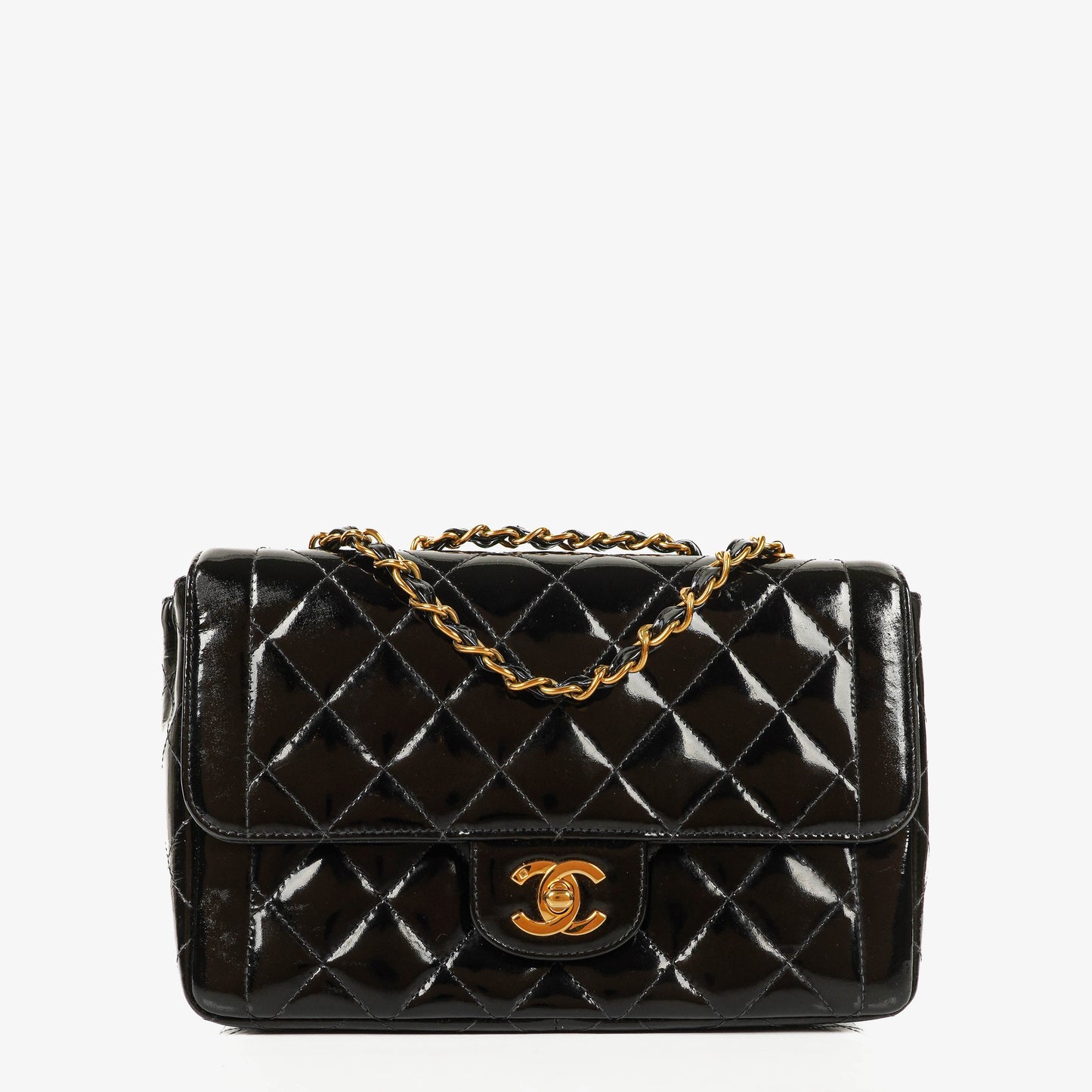 Chanel Single Flap Bag Black Quilted Patent Leather With 24K Gold-Plated Hardware
