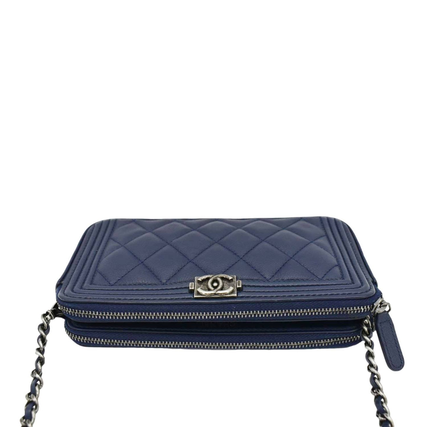 CHANEL Boy Double Zip Wallet on Chain Leather Crossbody Bag Navy Blue
