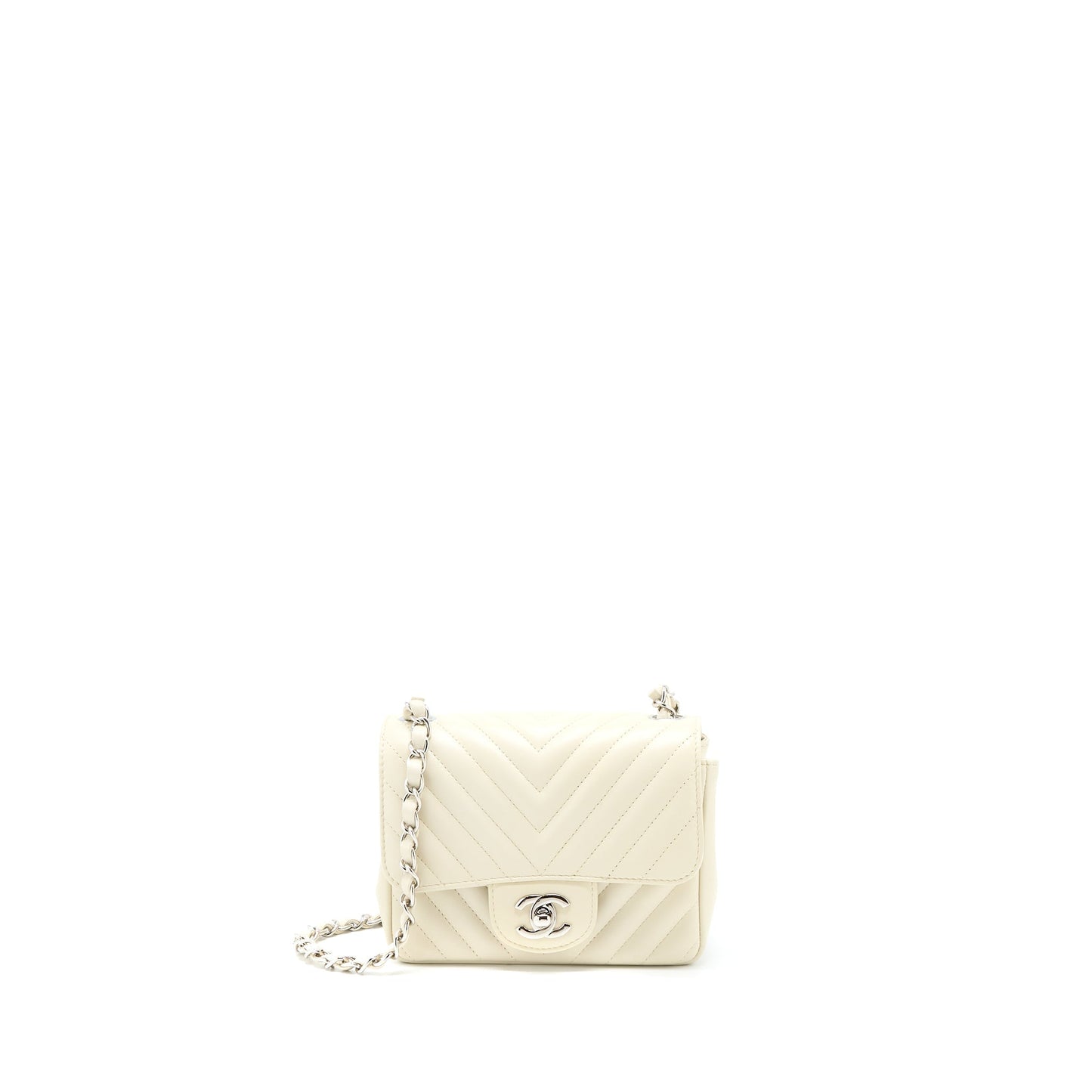 Chanel 21c Mini Square Flap Bag Chevron Lambskin Beige