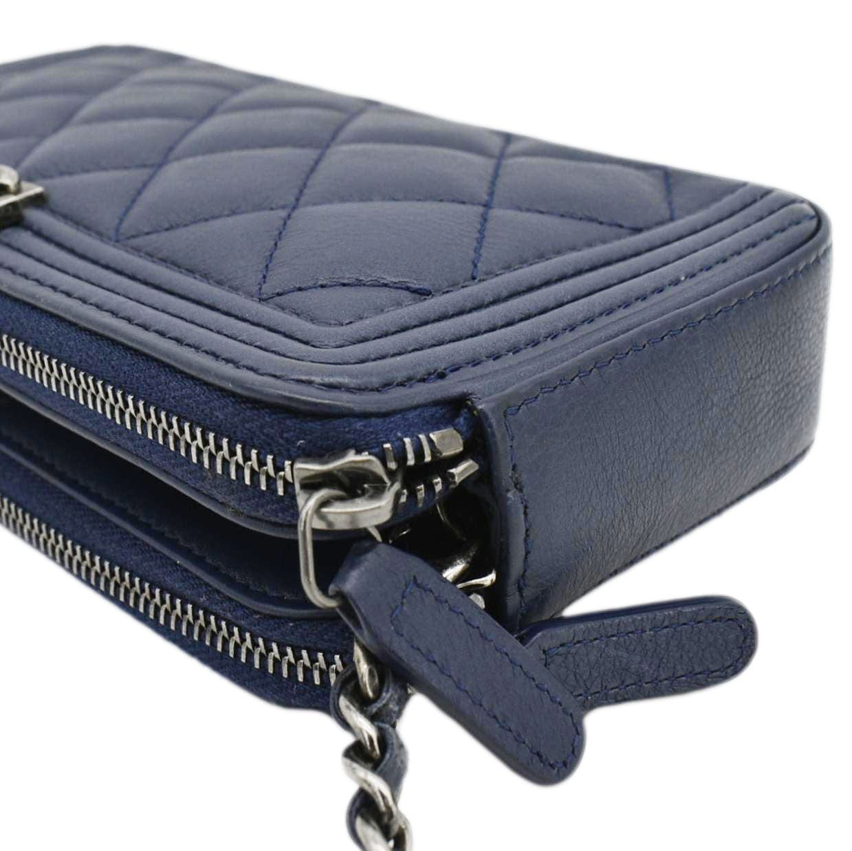 CHANEL Boy Double Zip Wallet on Chain Leather Crossbody Bag Navy Blue