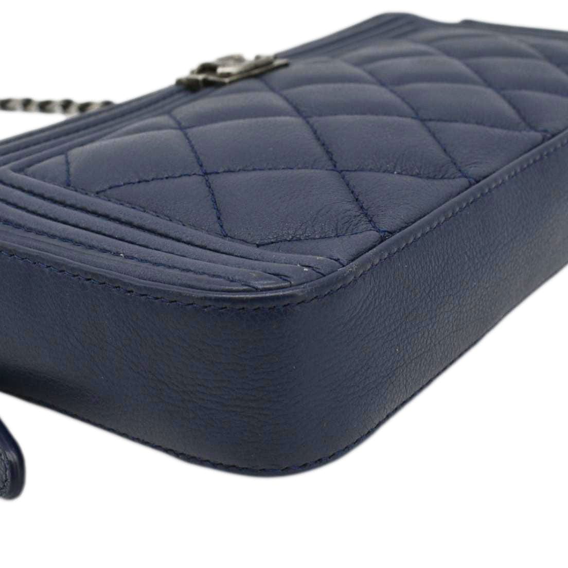 CHANEL Boy Double Zip Wallet on Chain Leather Crossbody Bag Navy Blue