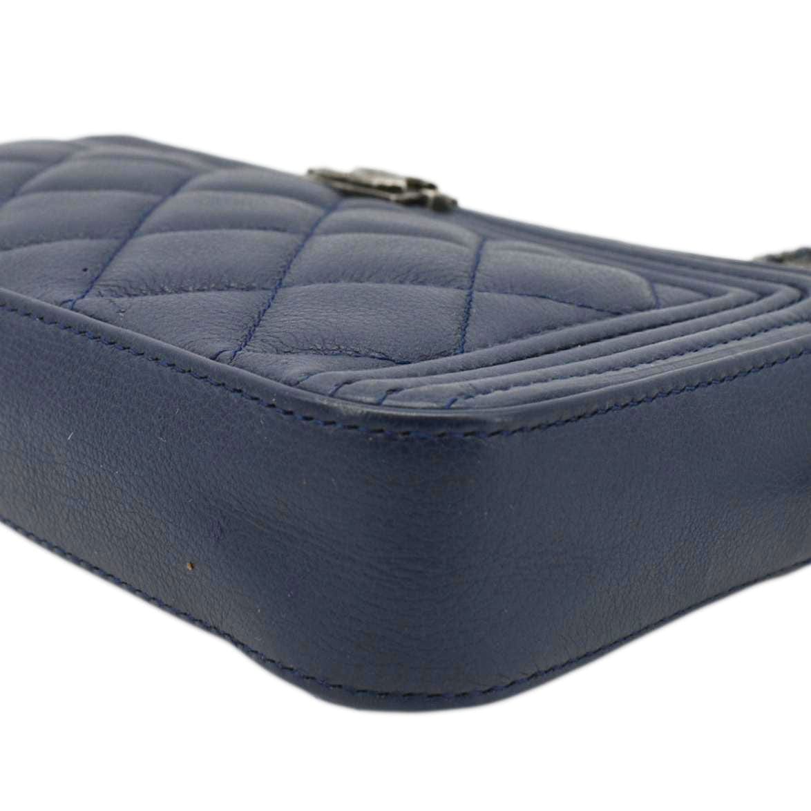 CHANEL Boy Double Zip Wallet on Chain Leather Crossbody Bag Navy Blue