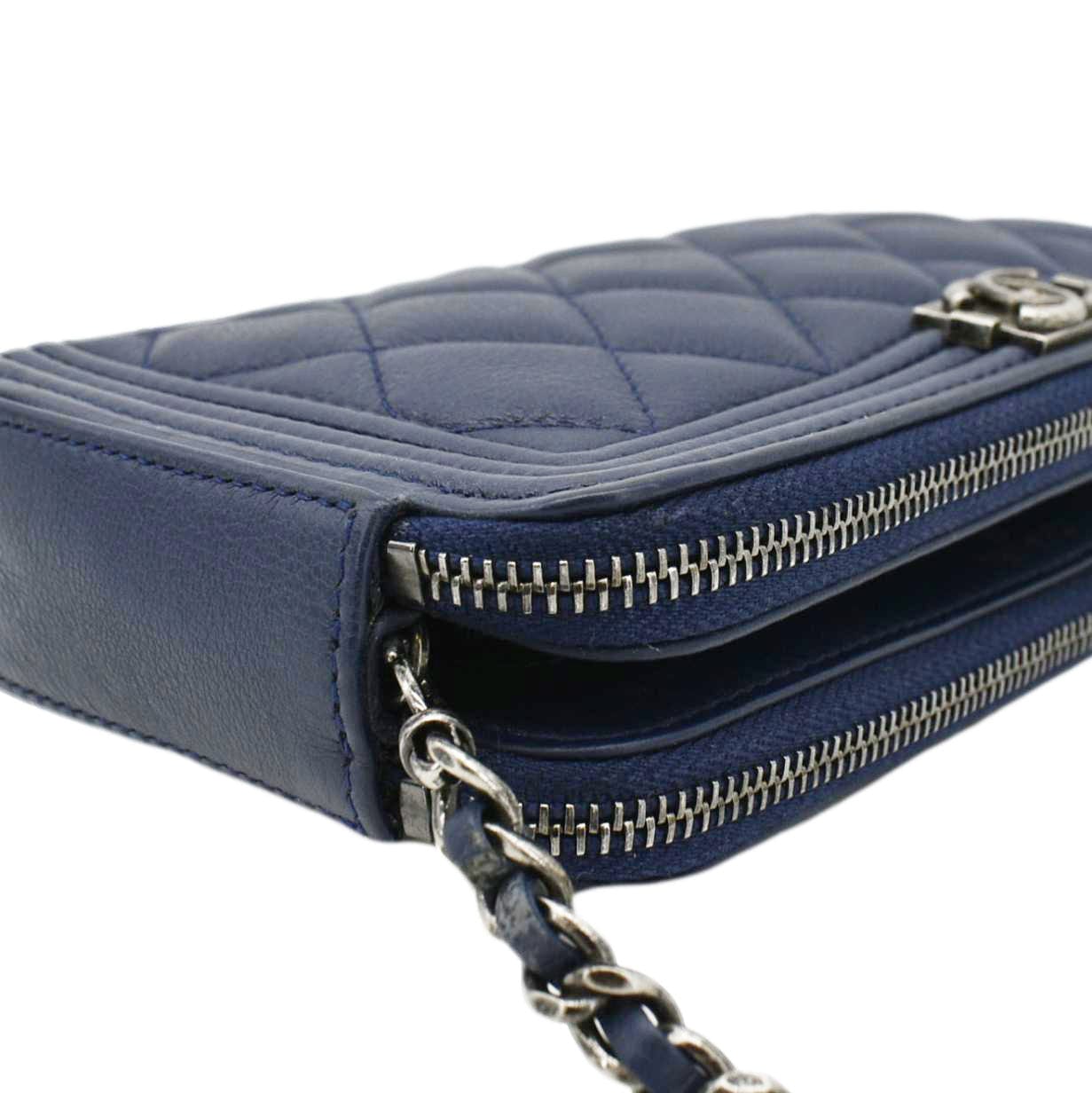 CHANEL Boy Double Zip Wallet on Chain Leather Crossbody Bag Navy Blue