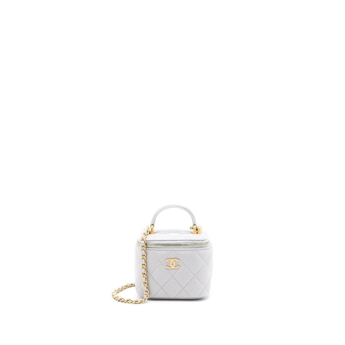 Chanel 21A Top Handle Mini Vanity with Chain Lambskin Light Grey