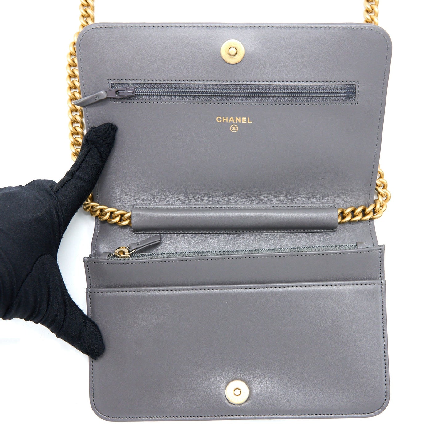 Chanel 22A Boy Wallet On Chain Grained Calfskin Dark Grey Brushed  (Microchip)