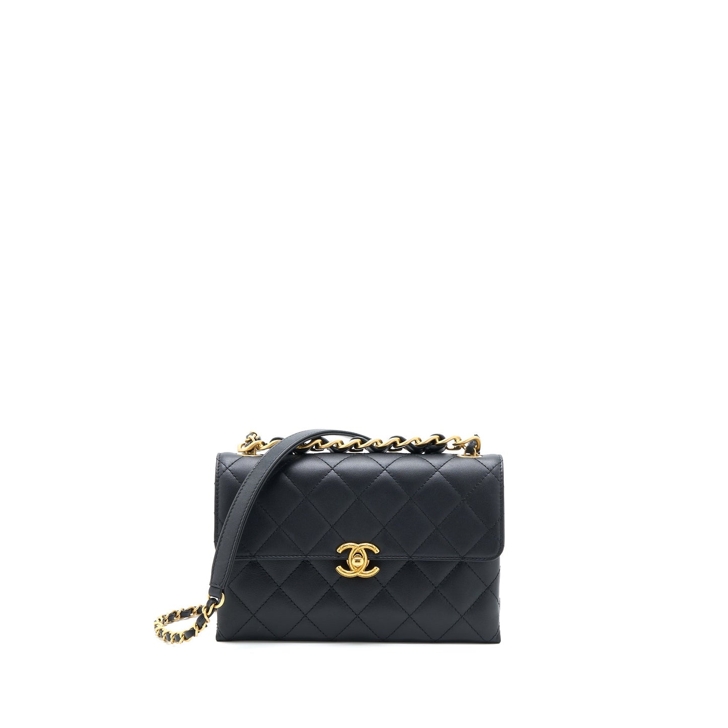 Chanel Handle Flap Bag Calfskin Black Brushed  (Microchip)