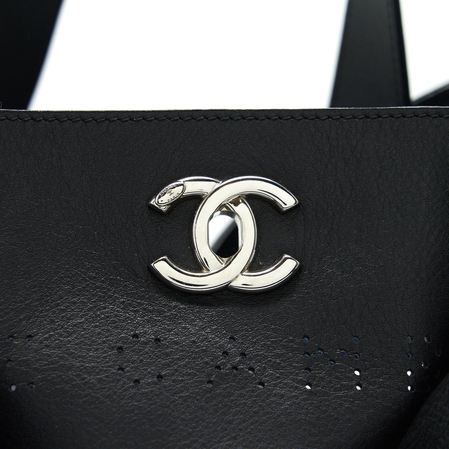 Chanel Eyelet Logo Calfskin Tote Bag Black/ Blue
