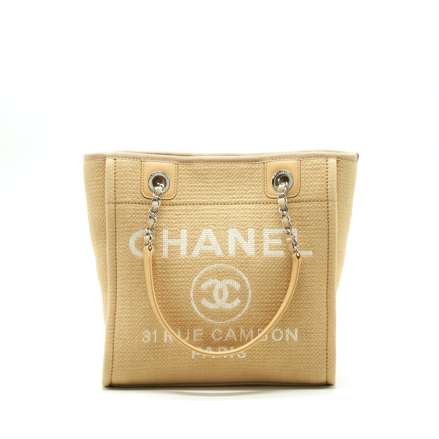 Chanel Deauville PM Chain Tote Bag Canvas Dark Beige