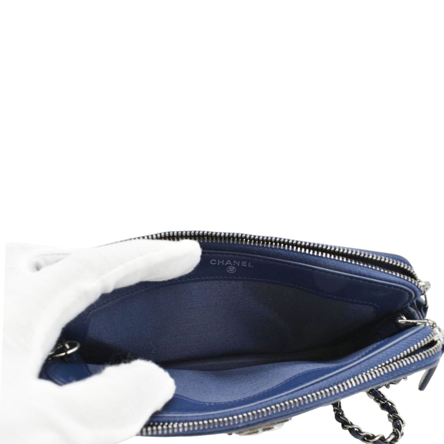 CHANEL Boy Double Zip Wallet on Chain Leather Crossbody Bag Navy Blue