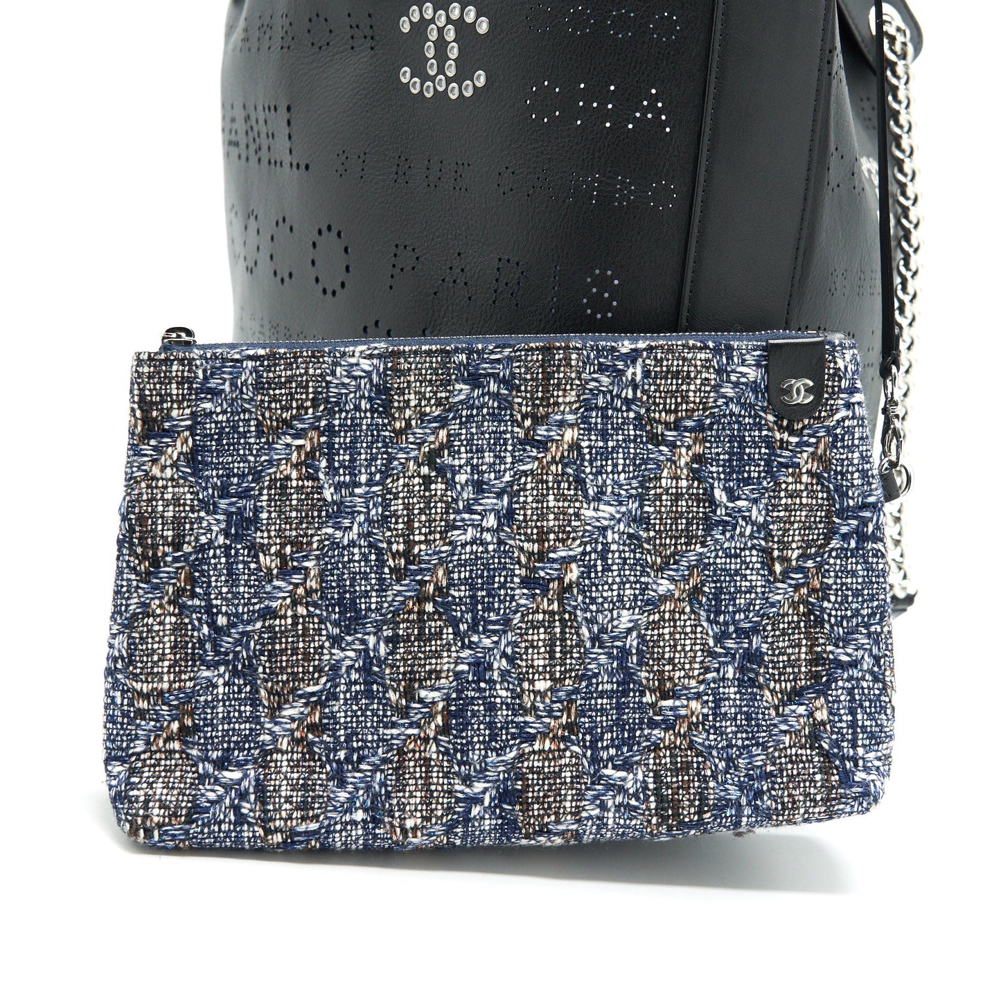 Chanel Eyelet Logo Calfskin Tote Bag Black/ Blue