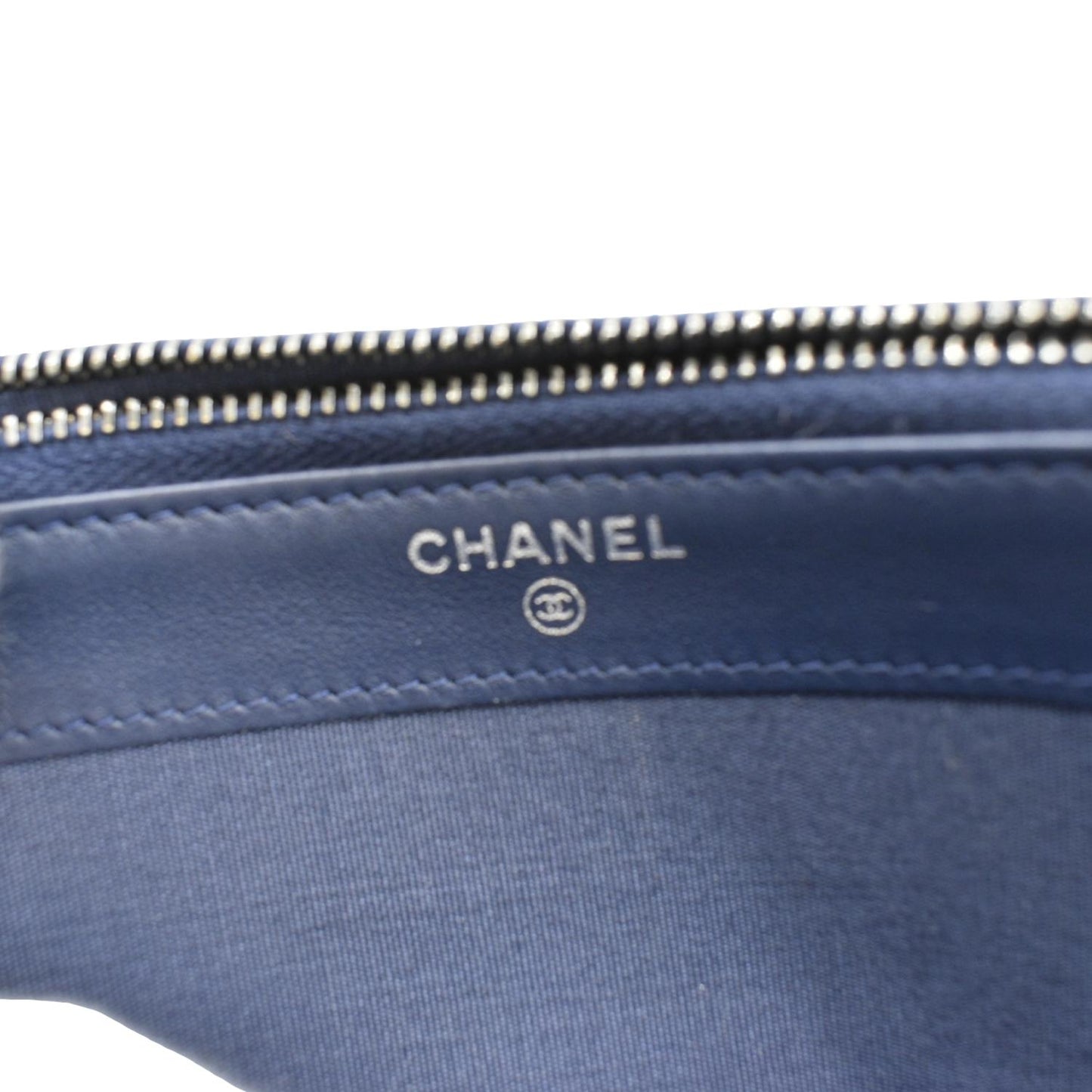 CHANEL Boy Double Zip Wallet on Chain Leather Crossbody Bag Navy Blue