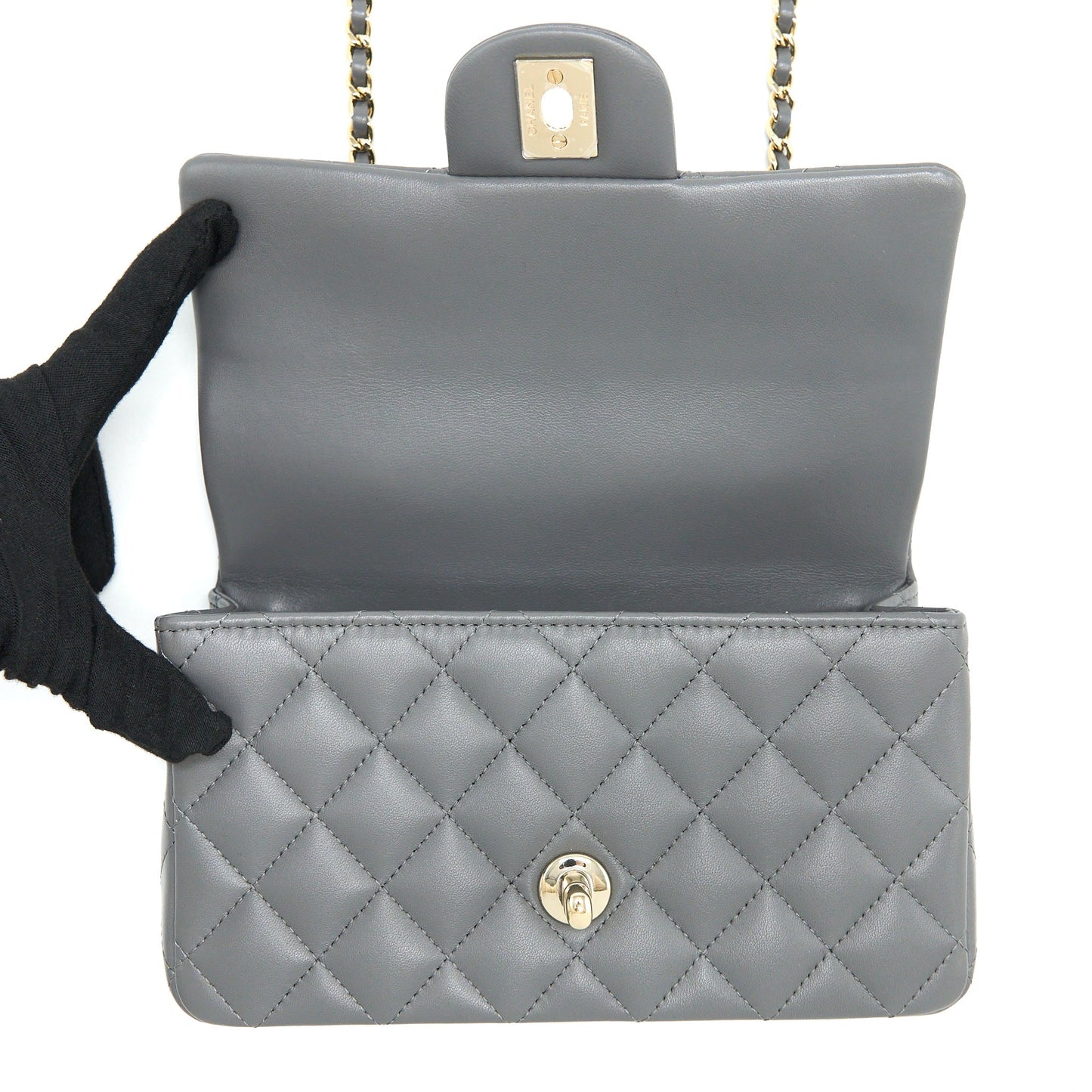 Chanel Top handle Mini Rectangular Flap Bag Lambskin Grey L (Microchip)
