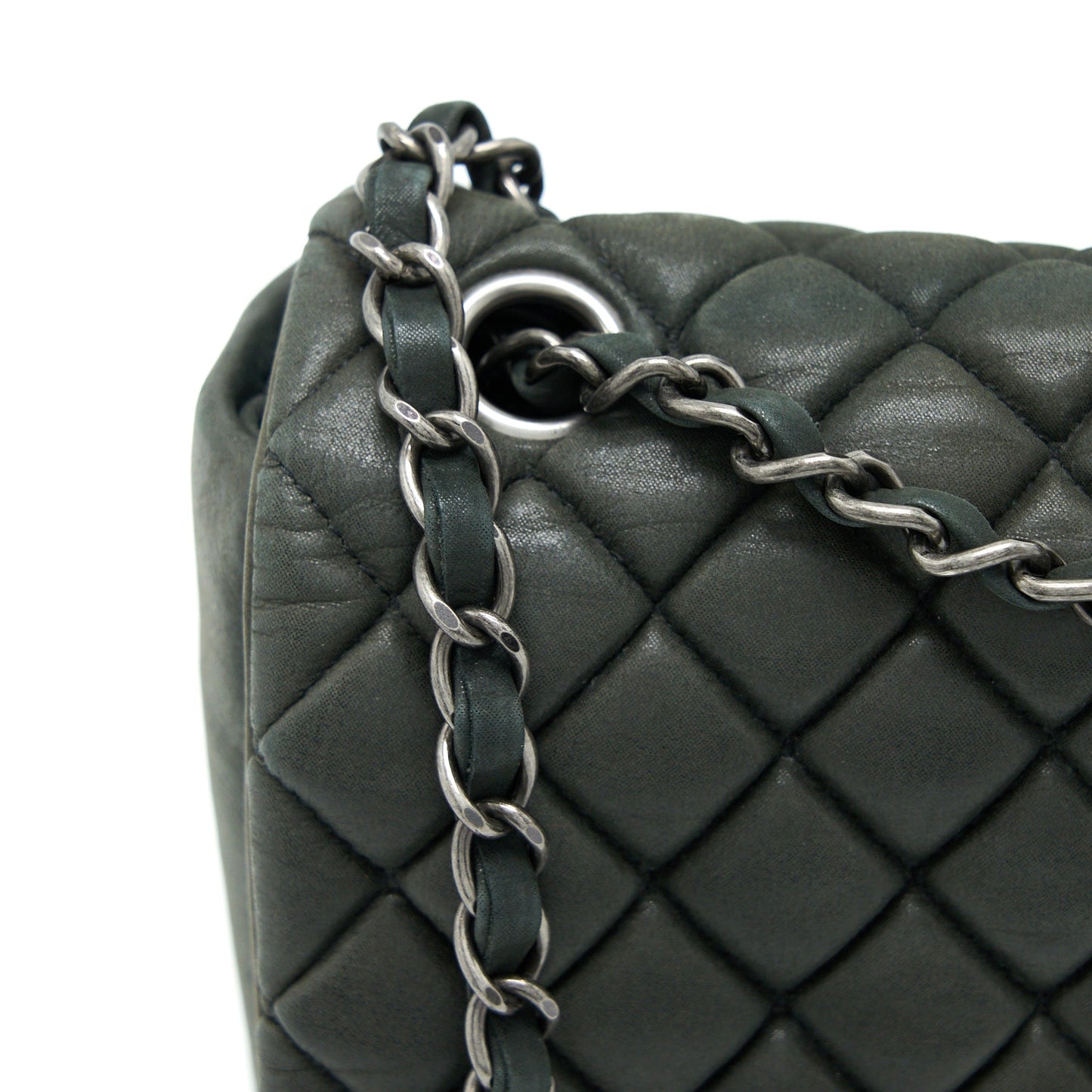 Chanel Quilted Flap Bag Iridescent Calfskin Dark Green Ruthenium