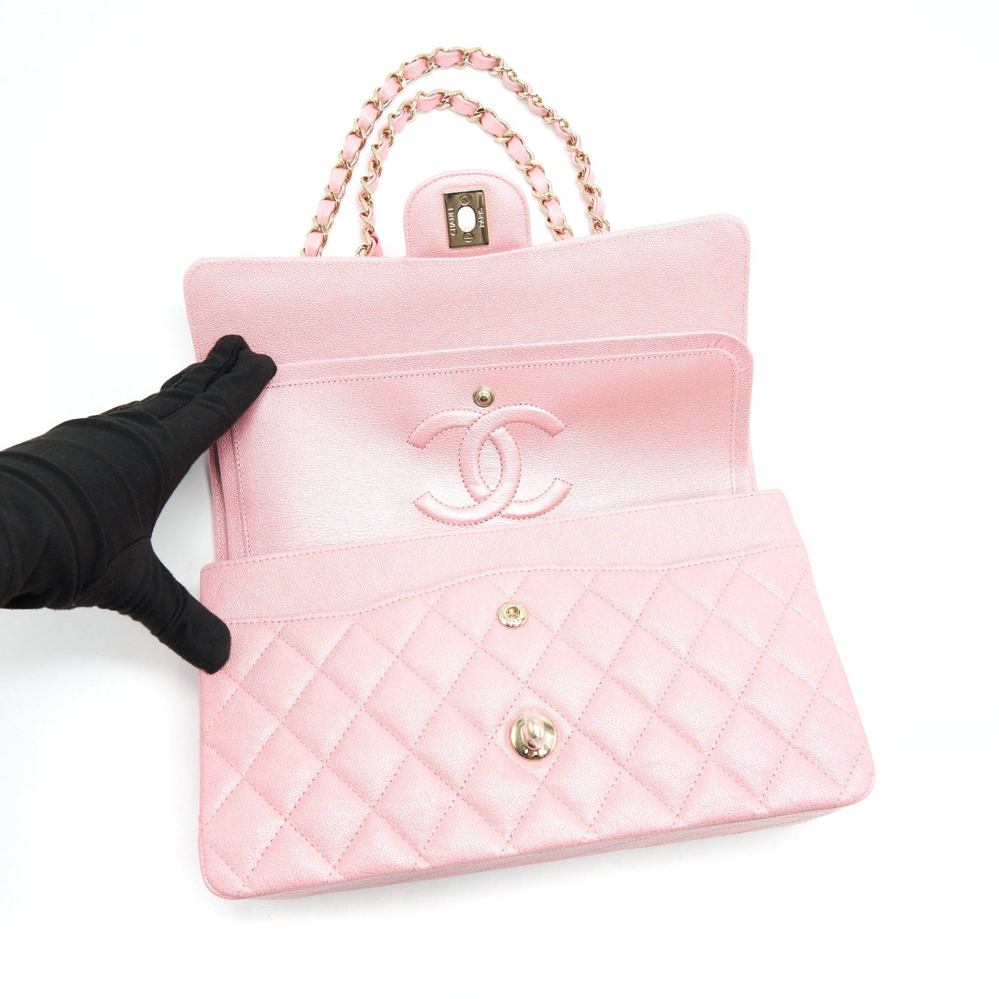 Chanel Iridescent Pearly Pink Medium Classic Double Flap Bag Caviar with L
