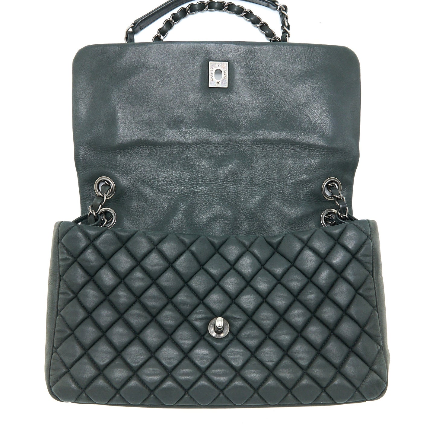 Chanel Quilted Flap Bag Iridescent Calfskin Dark Green Ruthenium
