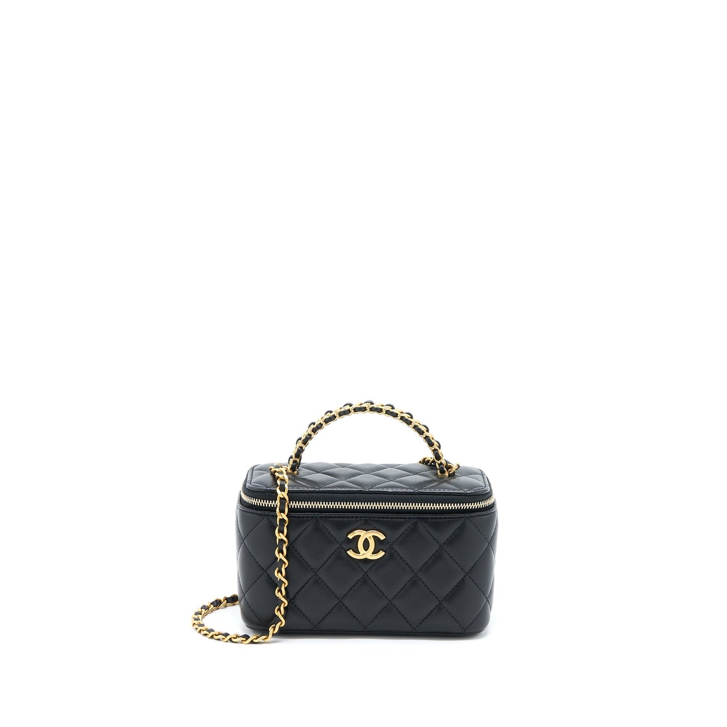 Chanel Leather Chain Top Handle Long Vanity Lambskin Black