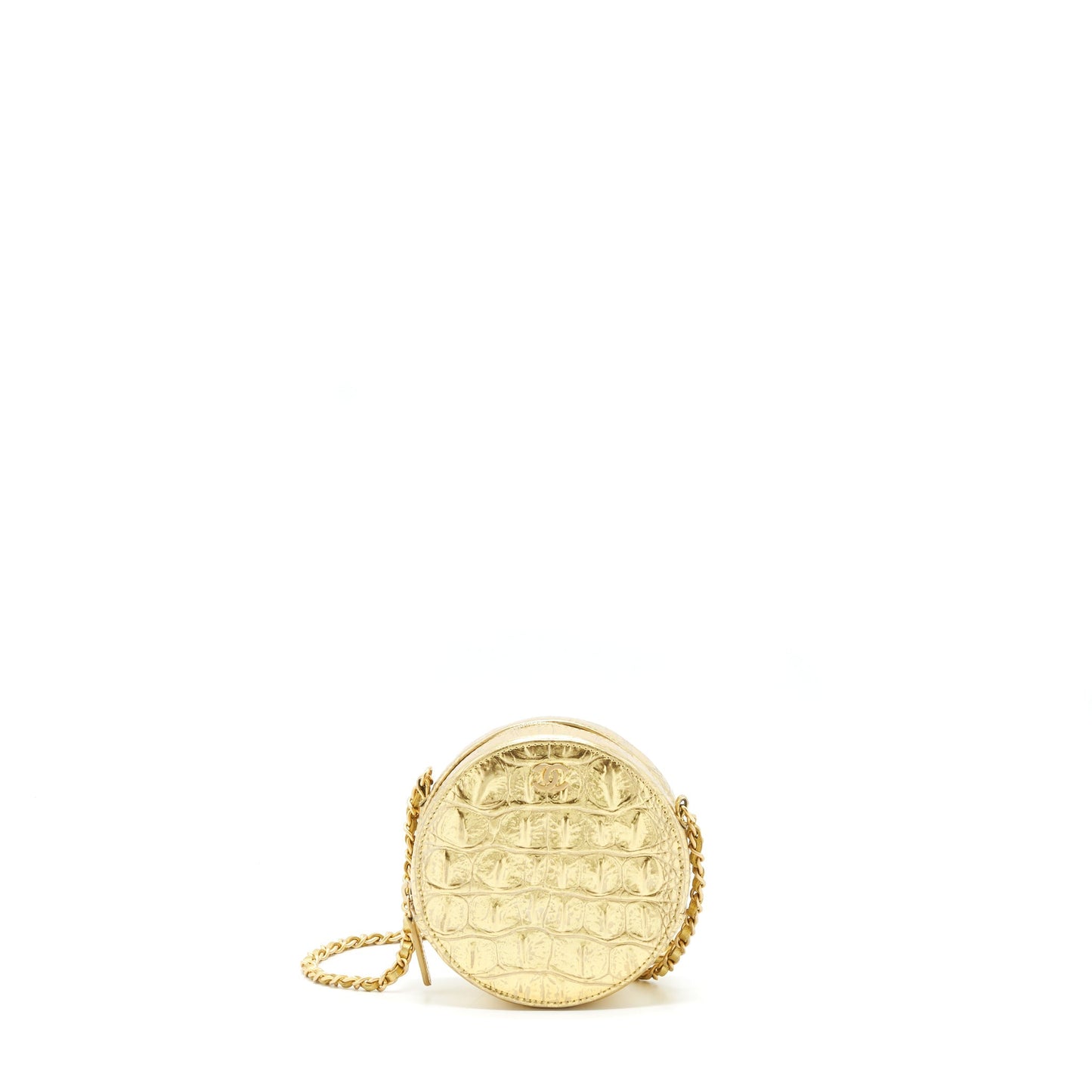 Chanel mini Round Vanity with chain Croc Embossed leather Gold