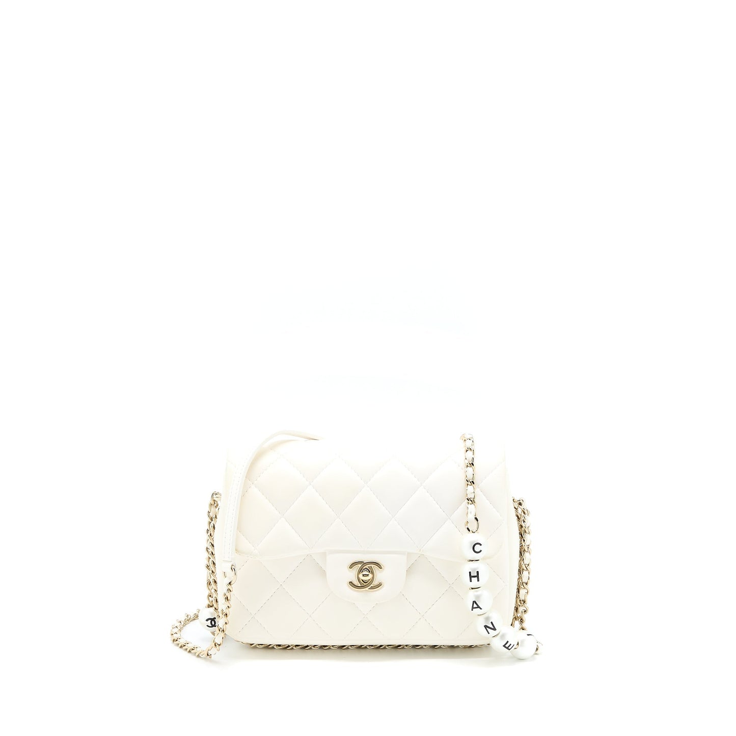 Chanel Small Pearl Logo Chain Bag Lambskin White L