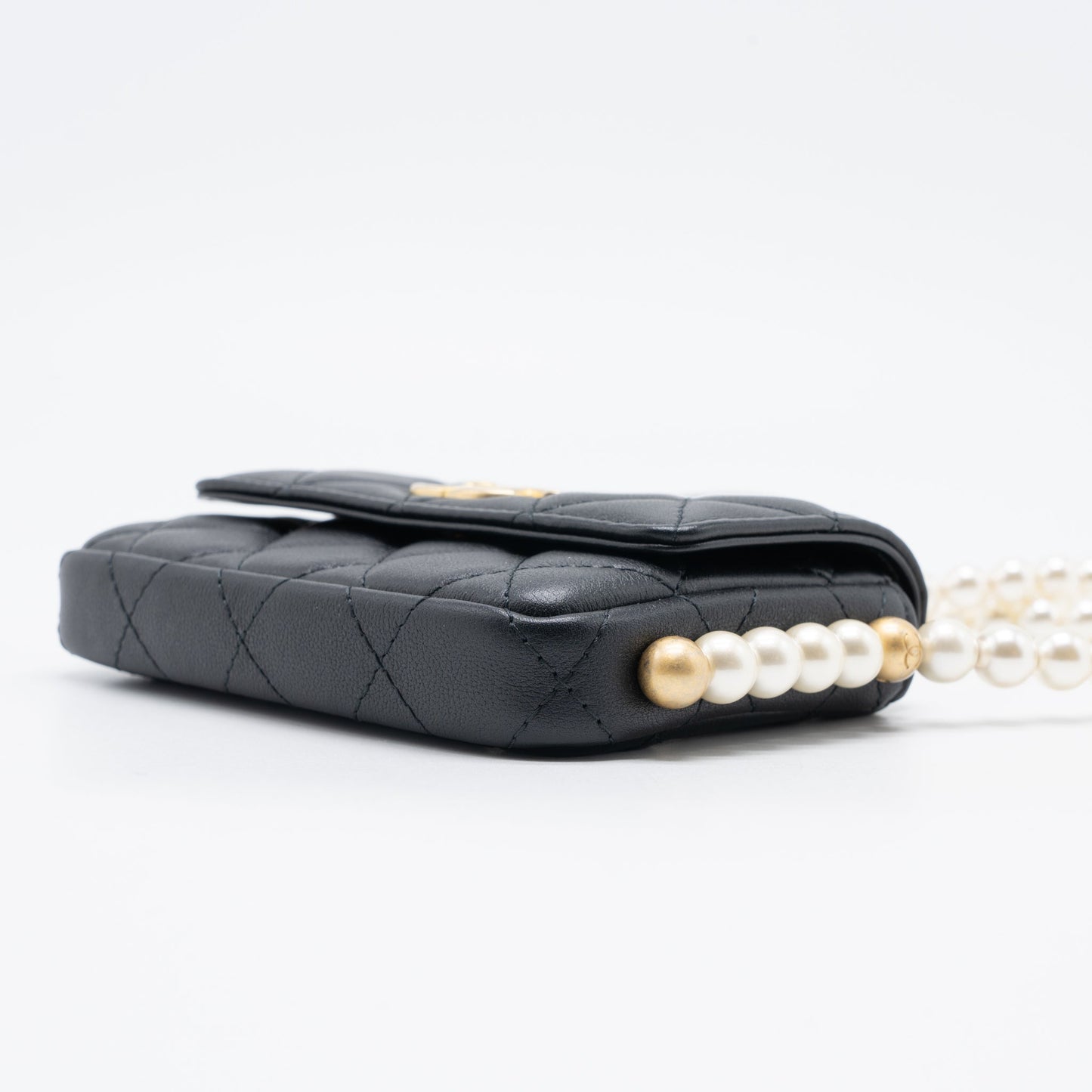 Chanel Pearl Chain Mini Flap Bag Lambskin Black Brushed